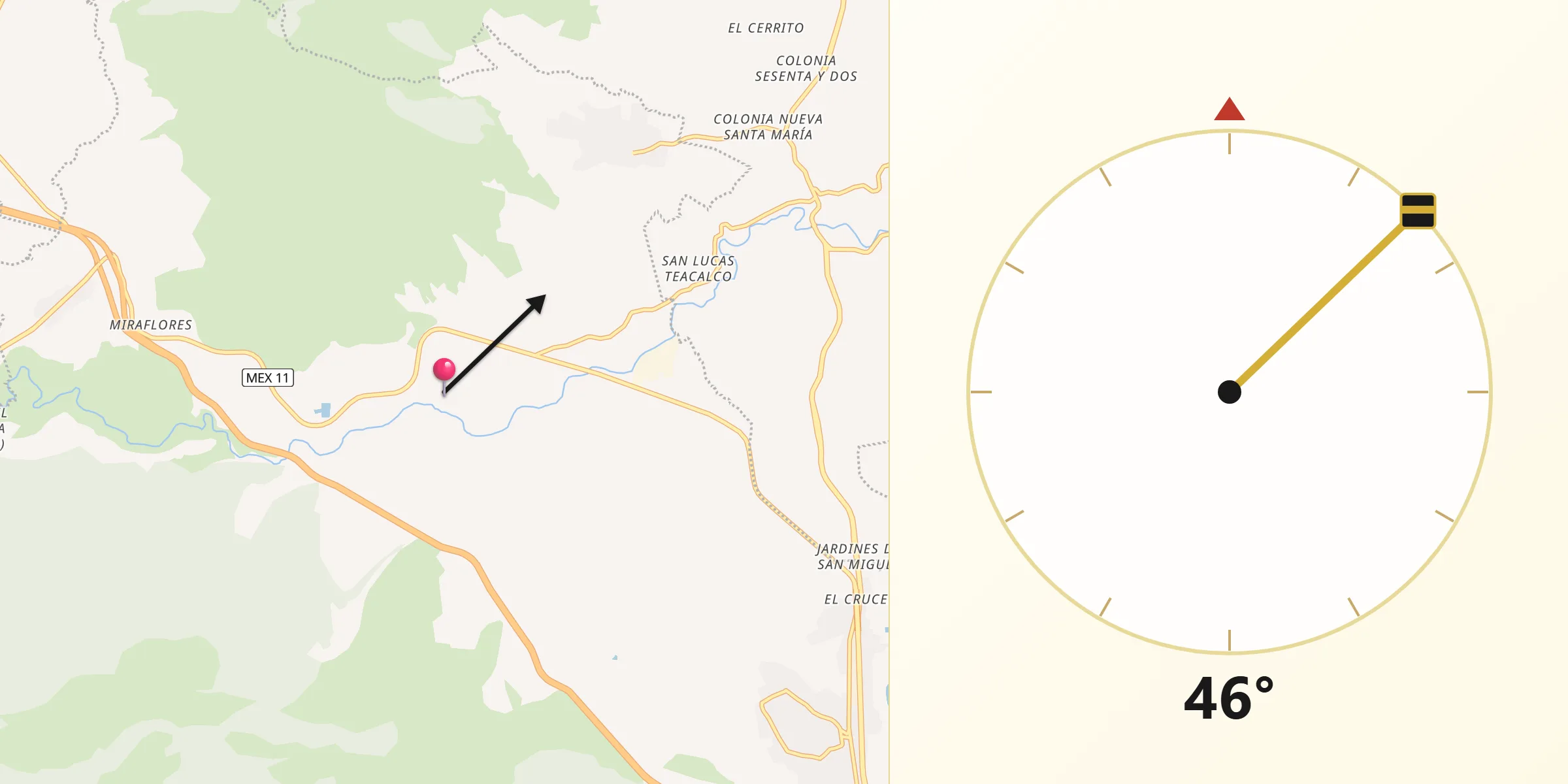 Dirección de la Qibla desde Cañada de Madero