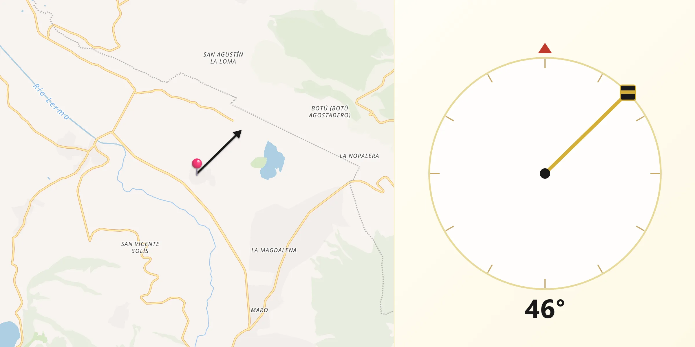 Dirección de la Qibla desde Cerritos de Cárdenas