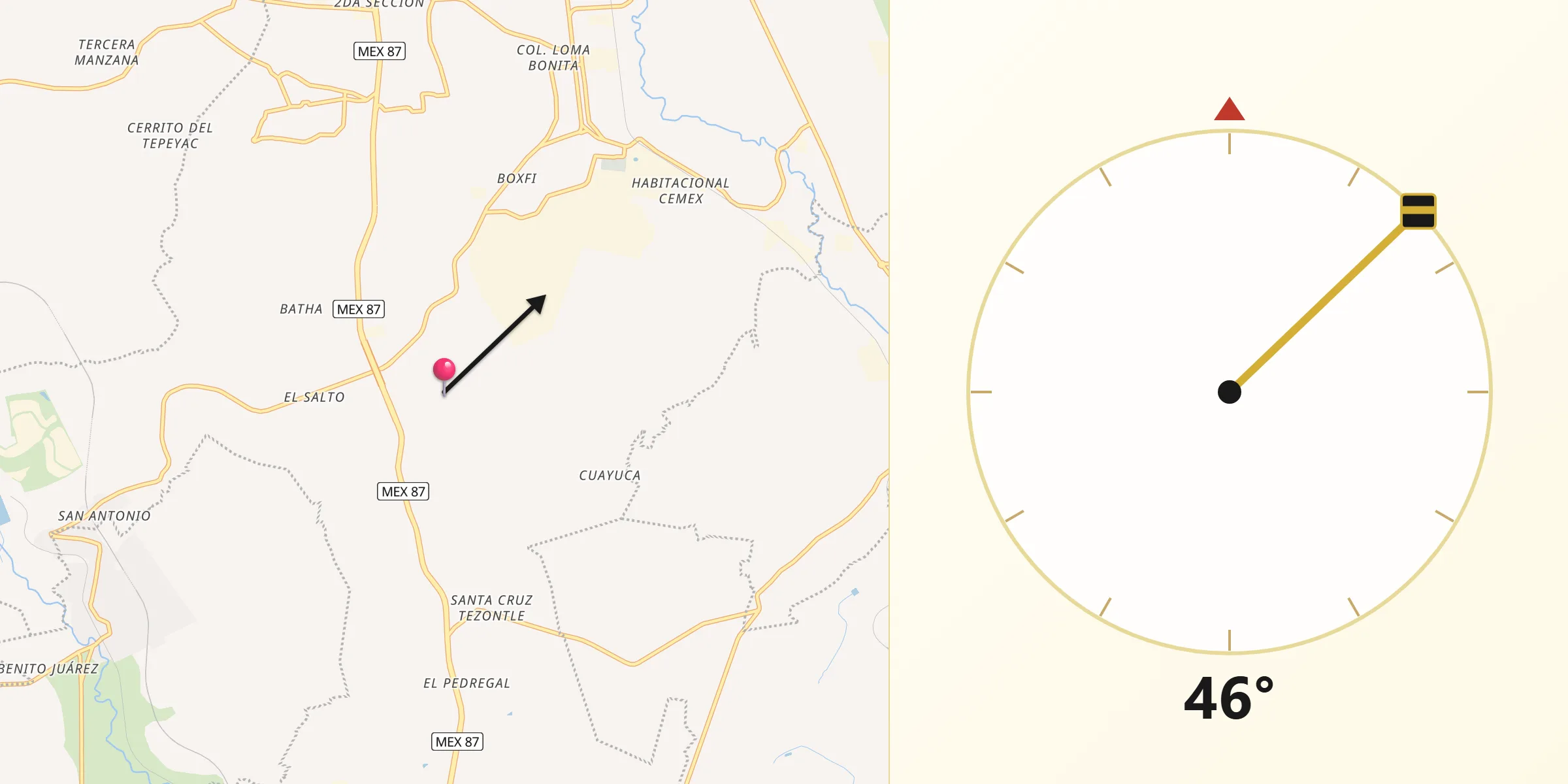 Dirección de la Qibla desde Atotonilco de Tula