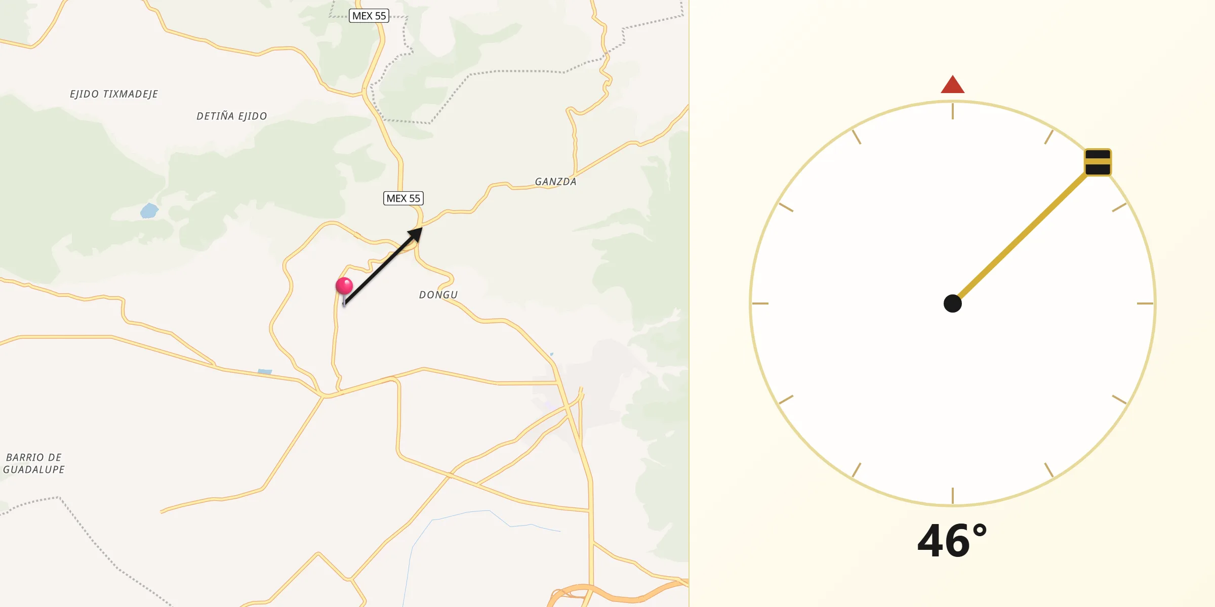 Dirección de la Qibla desde Detiña (San Antonio Detiña)