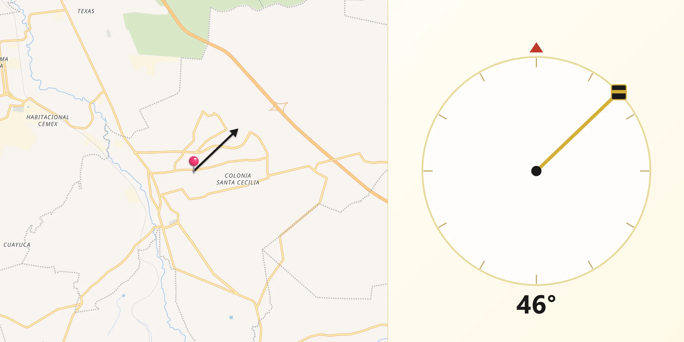 Dirección de la Qibla desde Colonia 3 de Mayo (La Cruz)