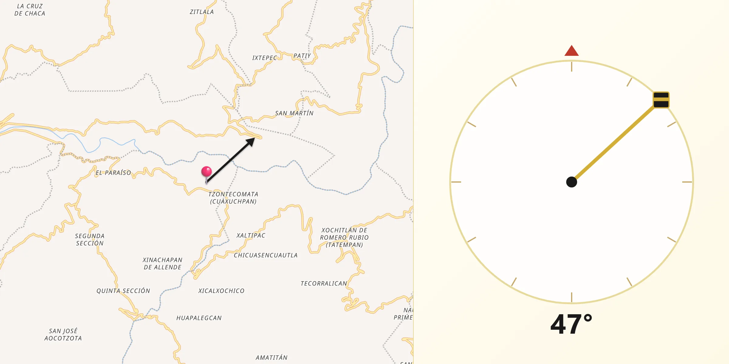 Dirección de la Qibla desde San Miguel del Progreso
