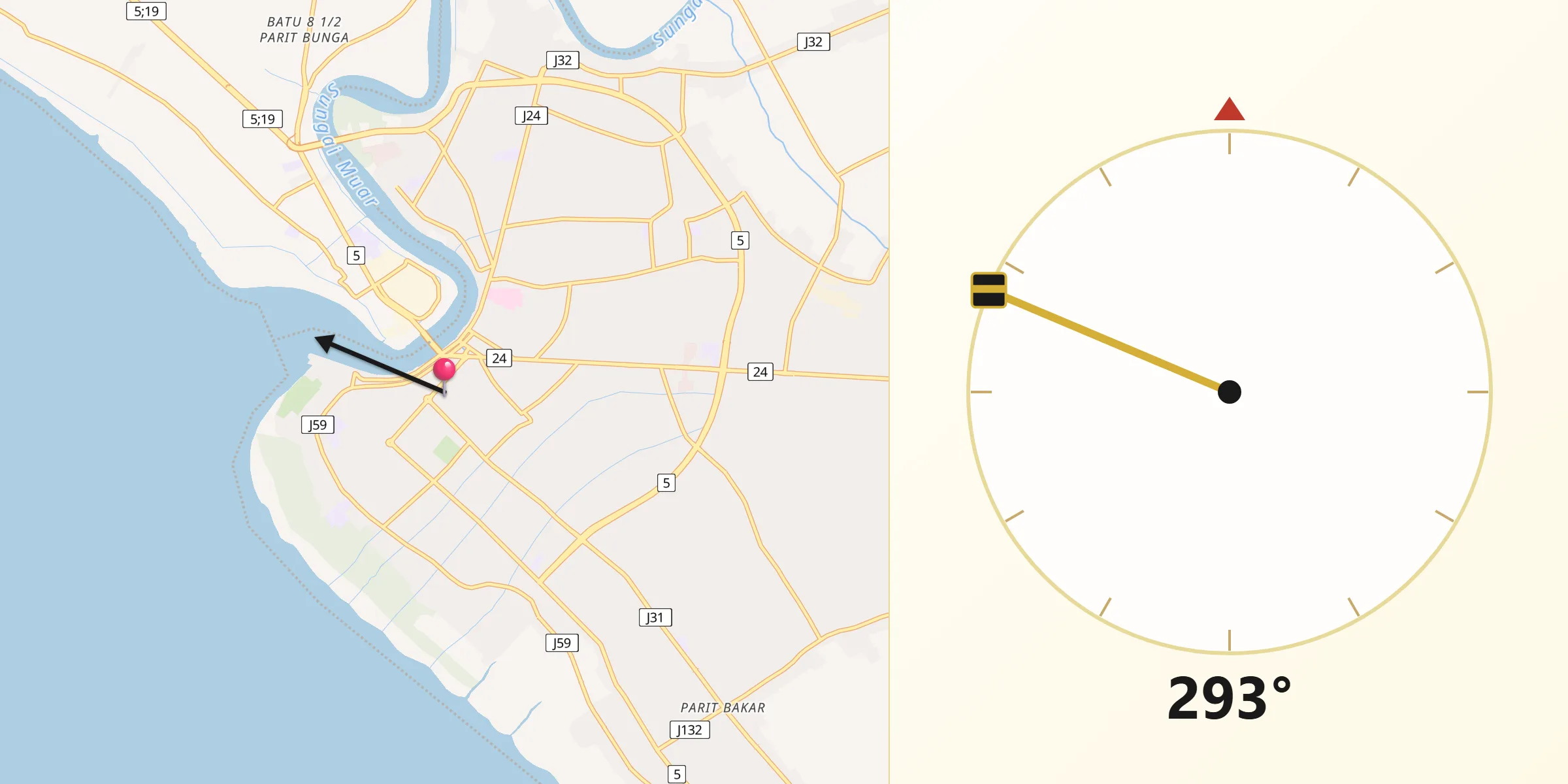 Direction vers la Qibla depuis Muar