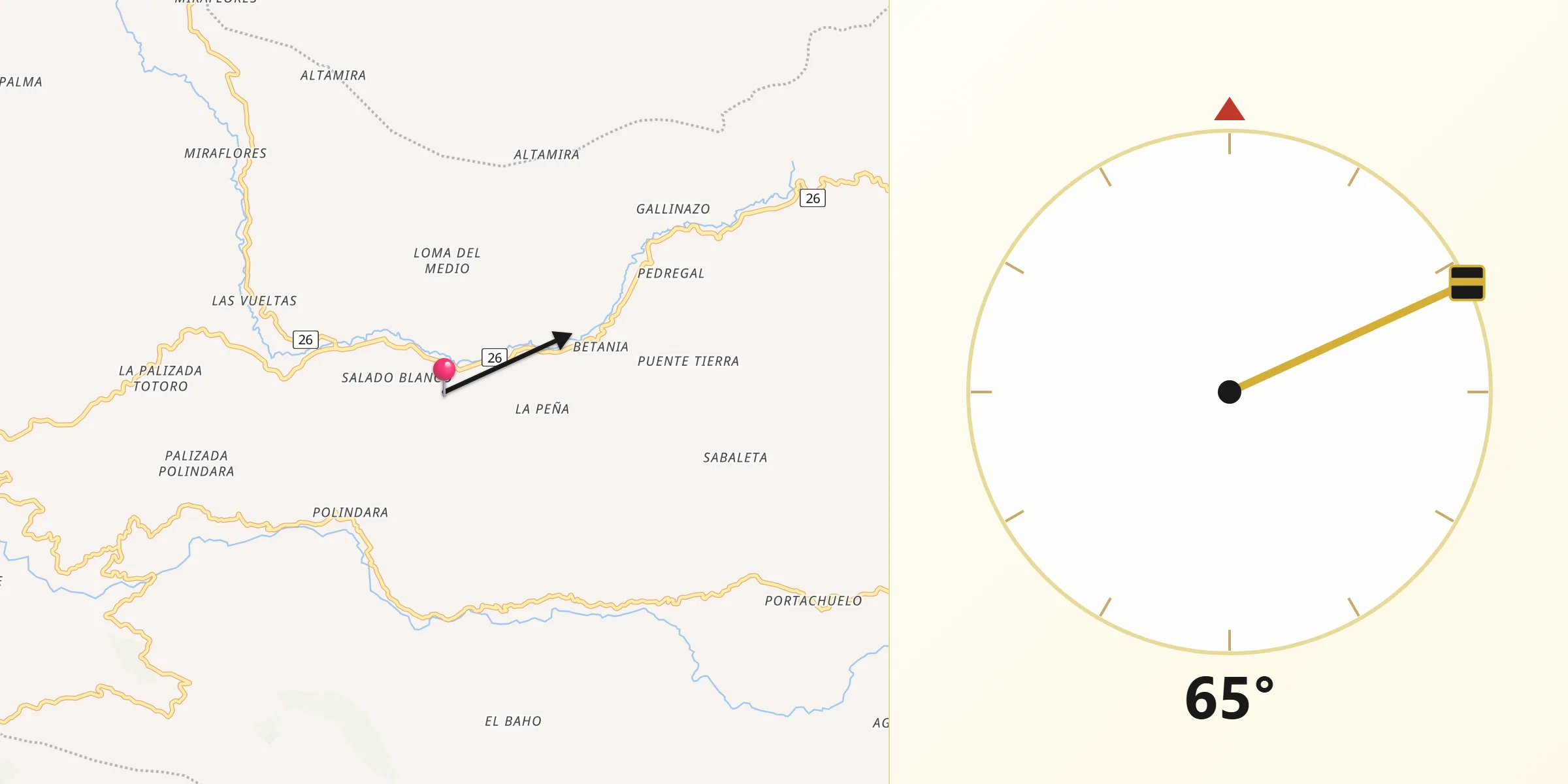 Dirección de la Qibla desde Totoró