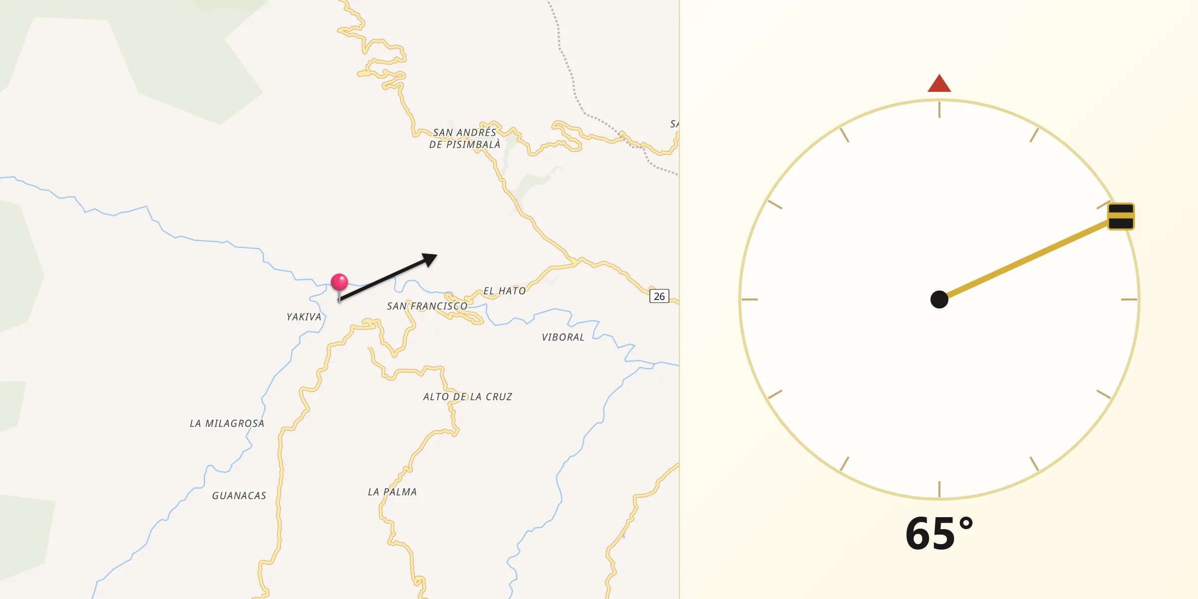 Dirección de la Qibla desde Inzá