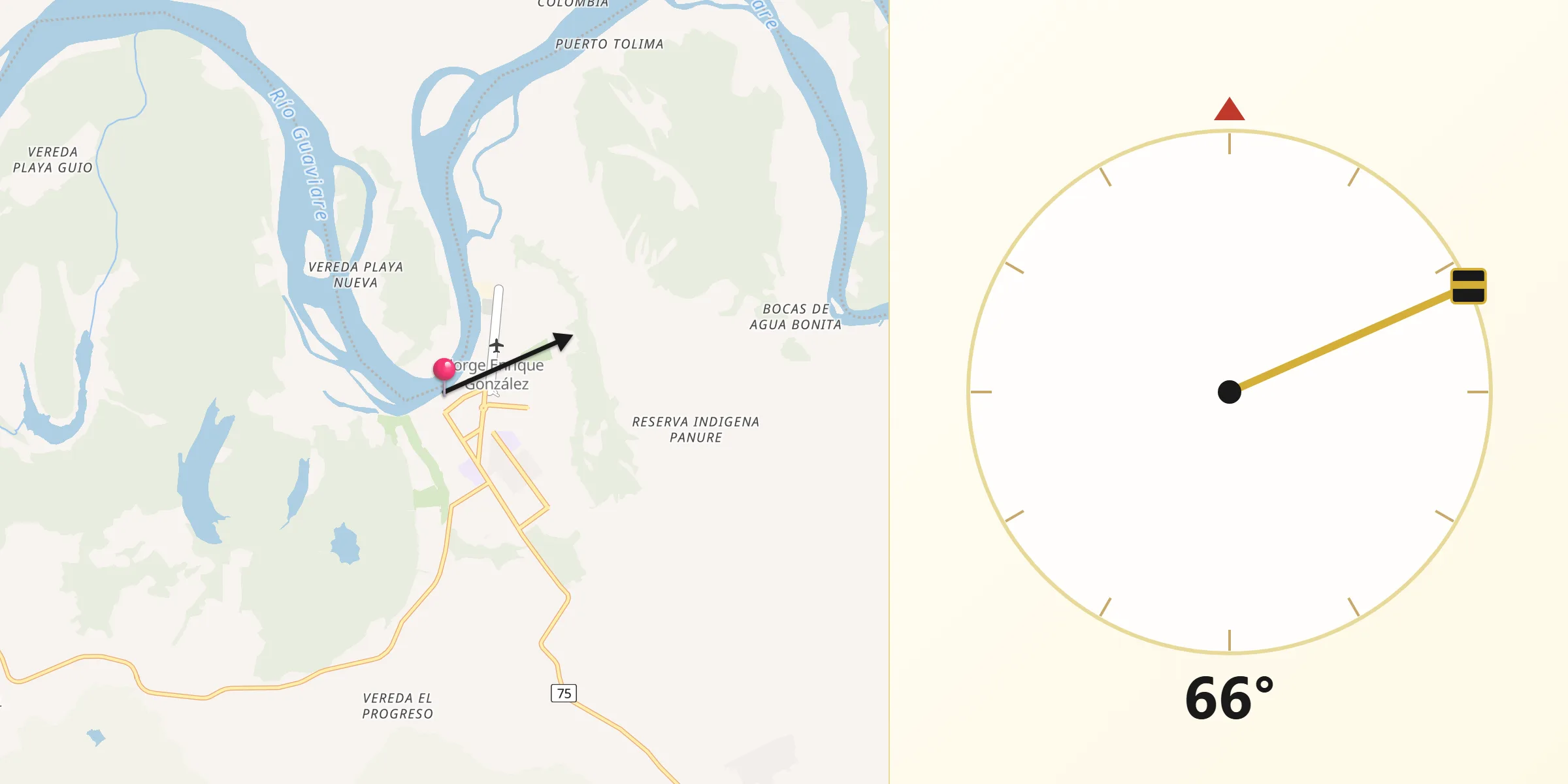 Dirección de la Qibla desde San José del Guaviare