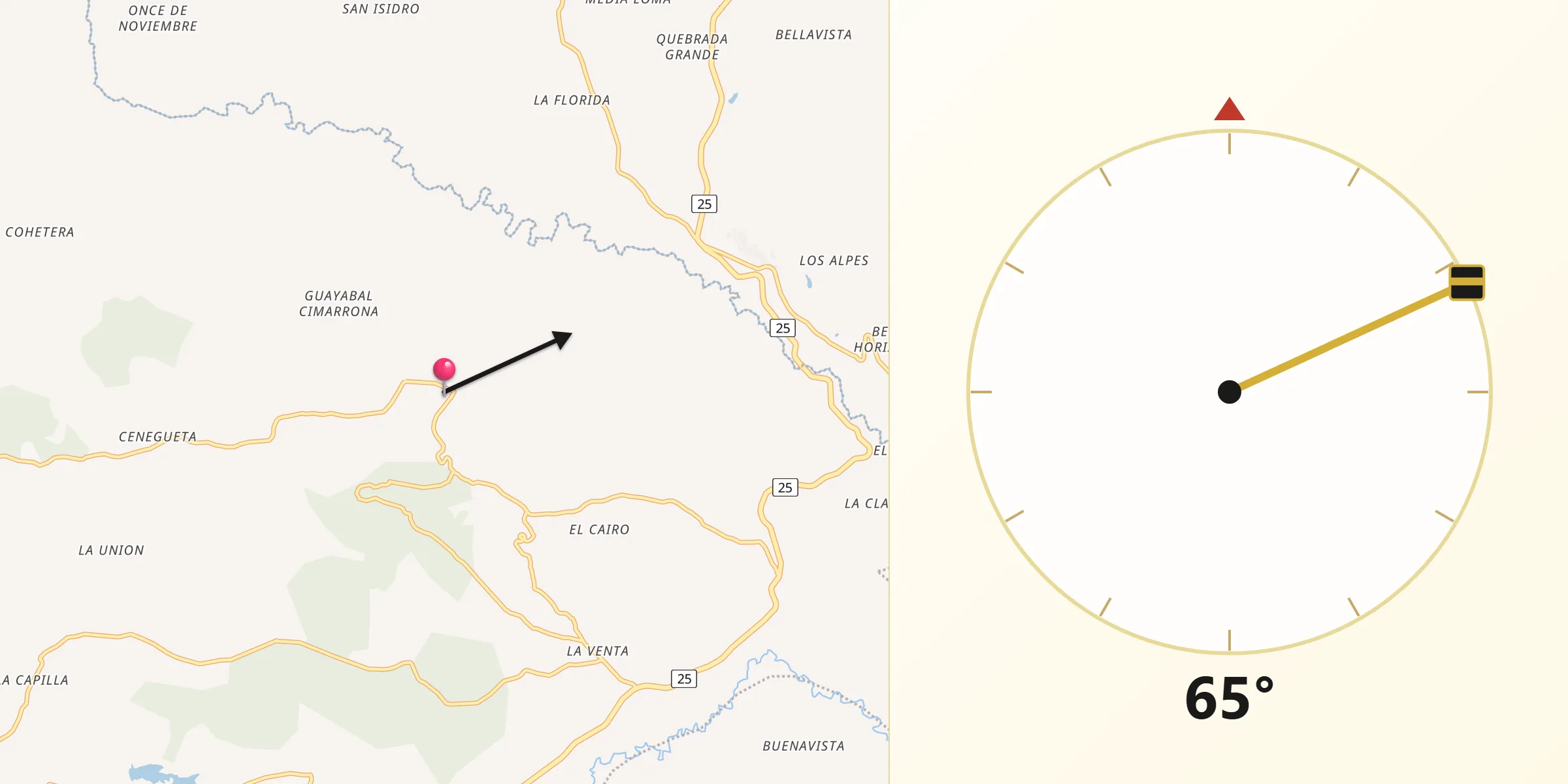 Dirección de la Qibla desde Cajibío