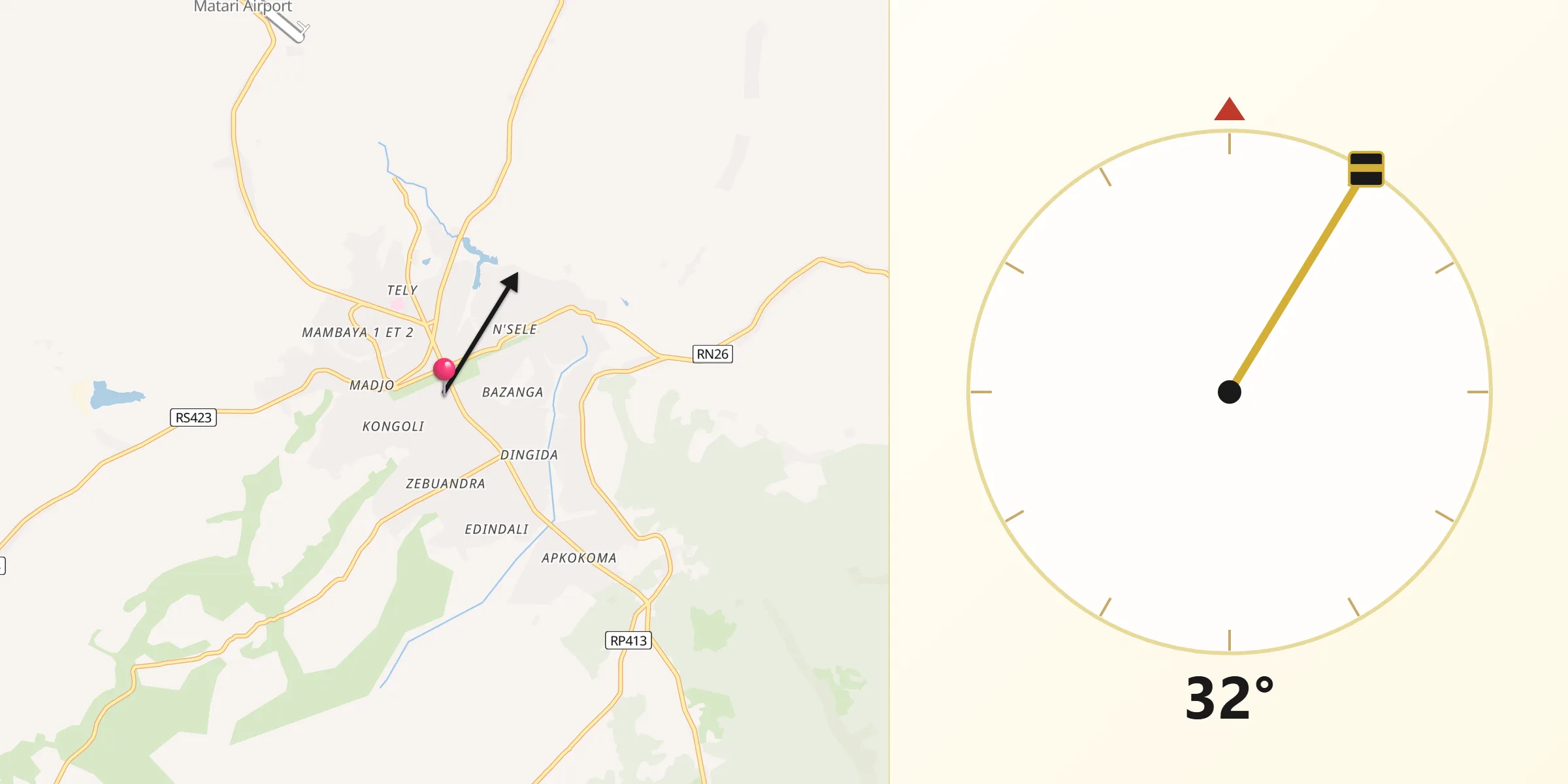 Direction vers la Qibla depuis Isiro
