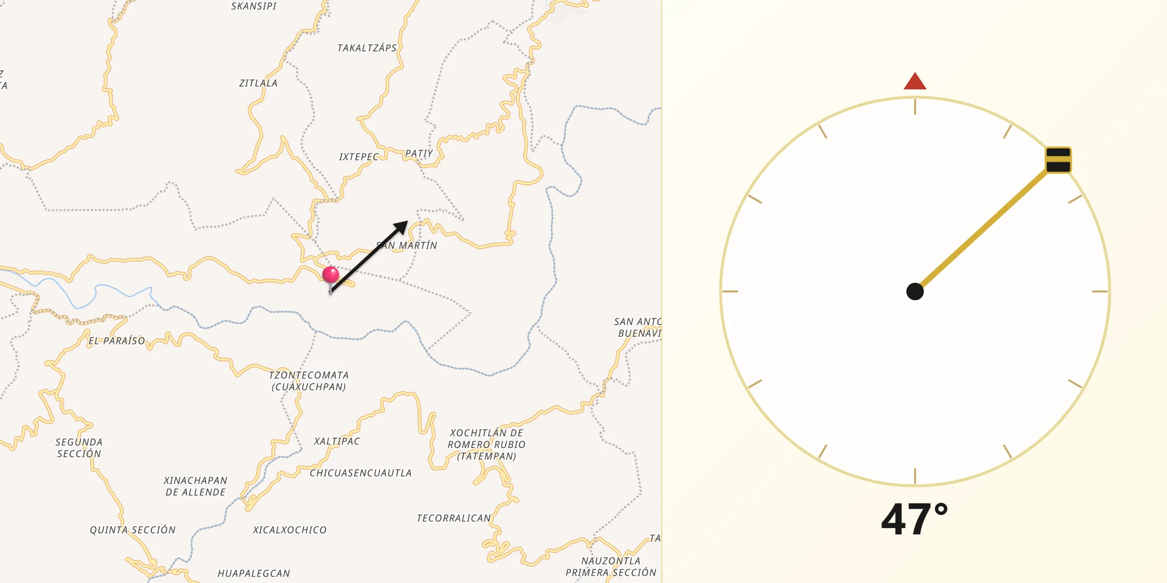 Dirección de la Qibla desde Tuxtla Gutiérrez