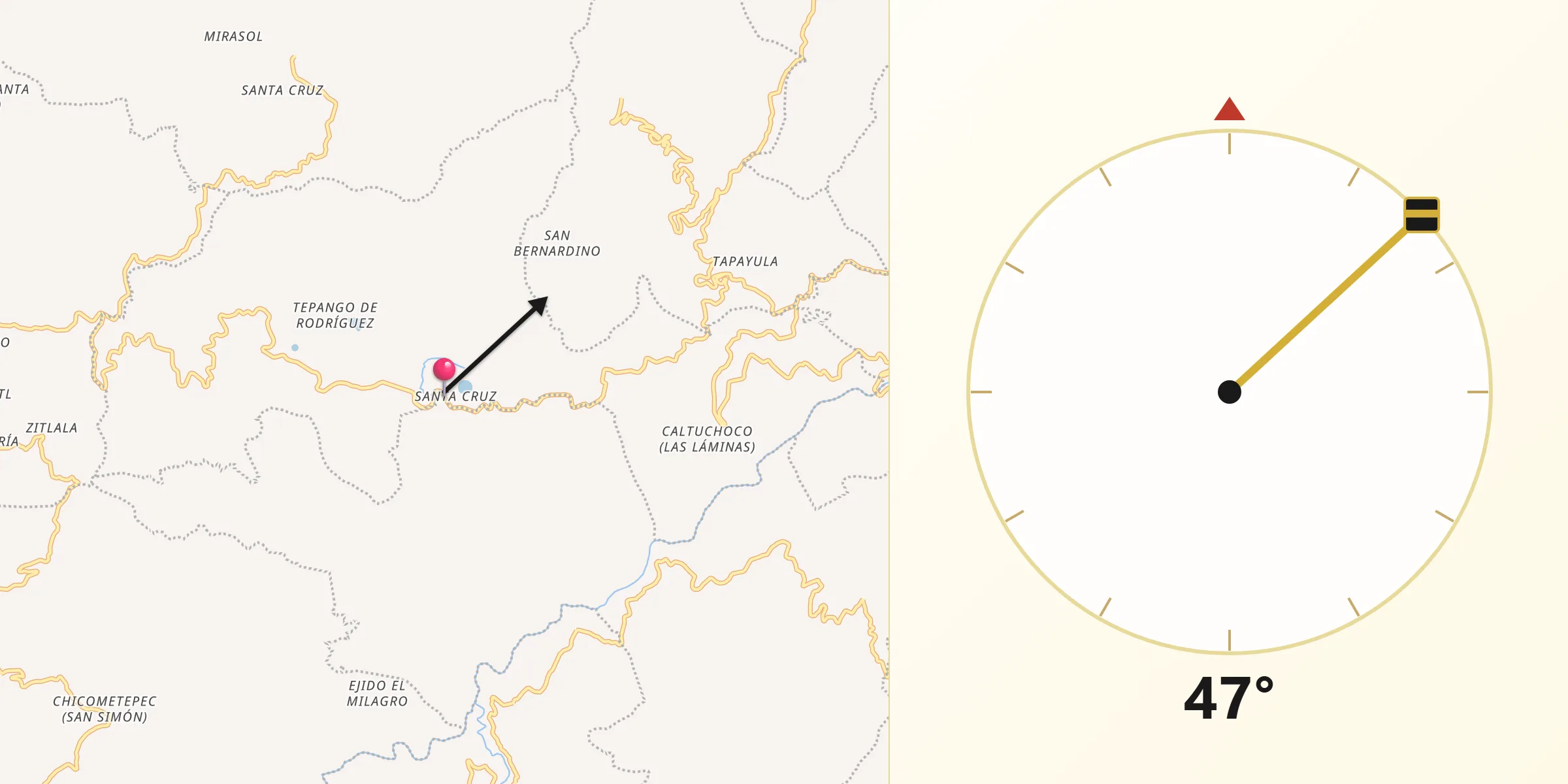 Dirección de la Qibla desde Tepango de Rodríguez