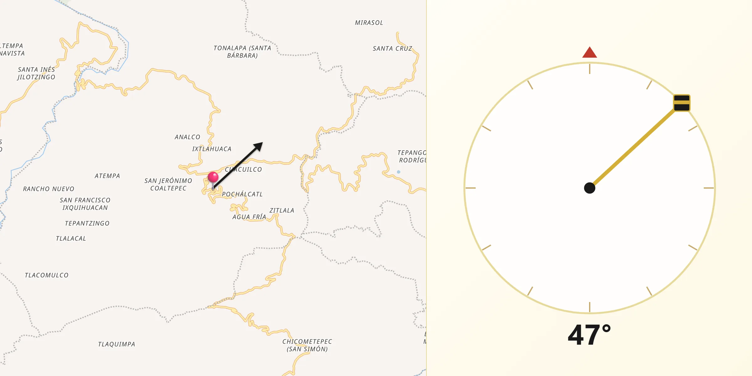 Dirección de la Qibla desde Pochálcatl