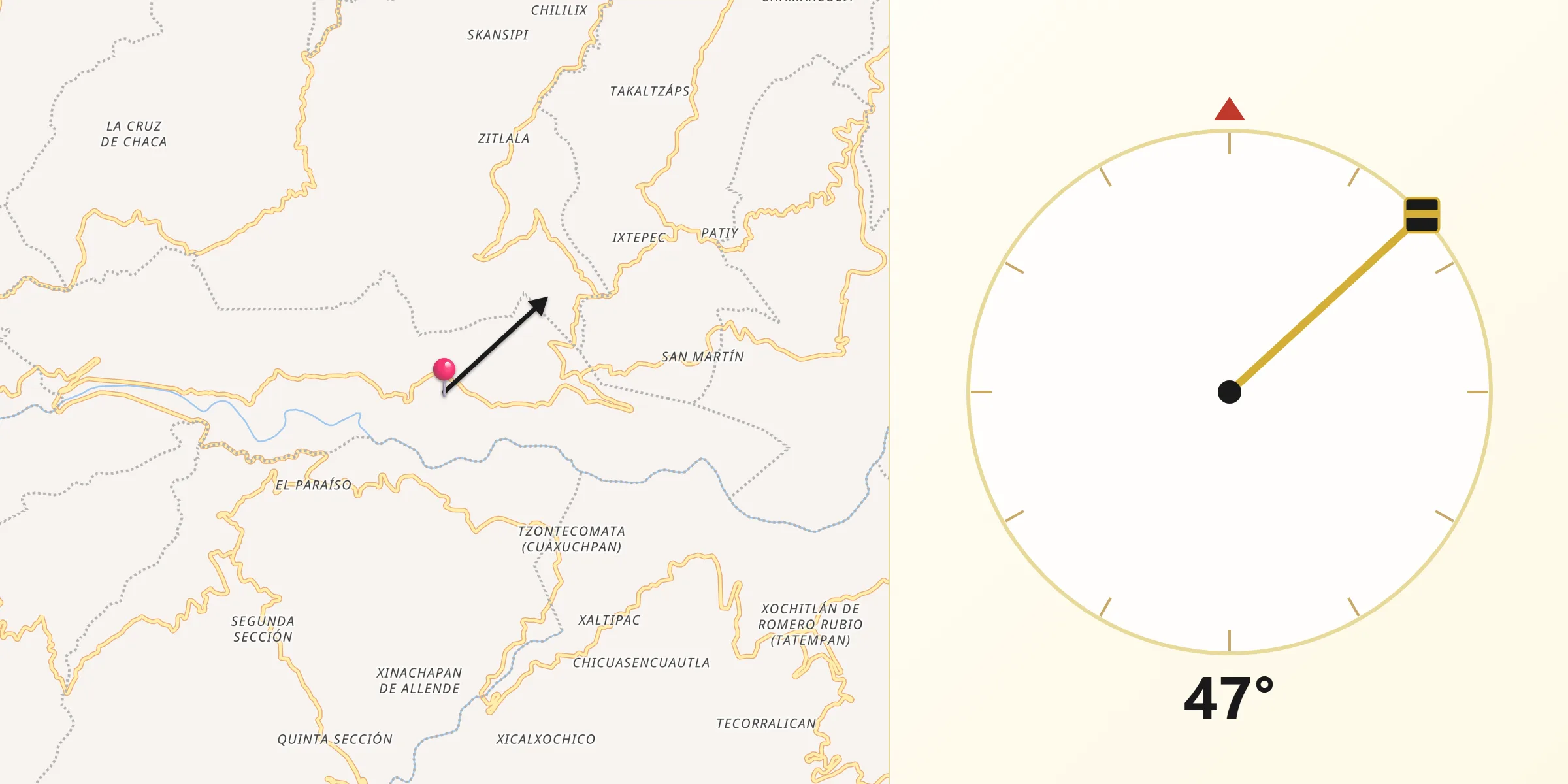 Dirección de la Qibla desde Nanacatlán