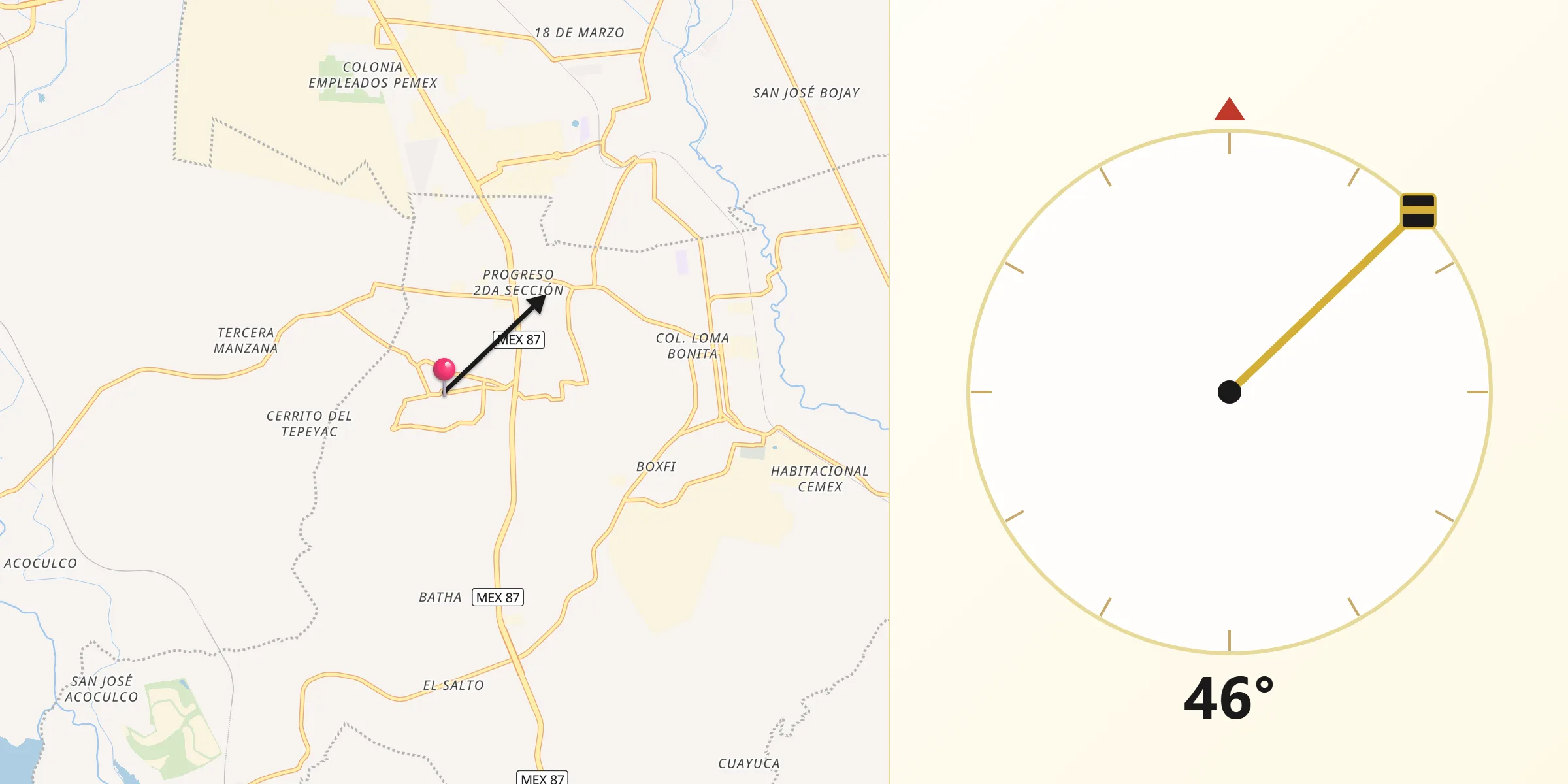 Dirección de la Qibla desde Zacamulpa