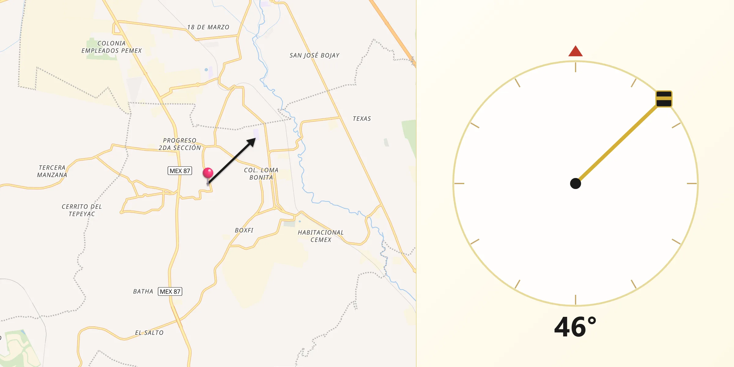 Dirección de la Qibla desde Ocampo