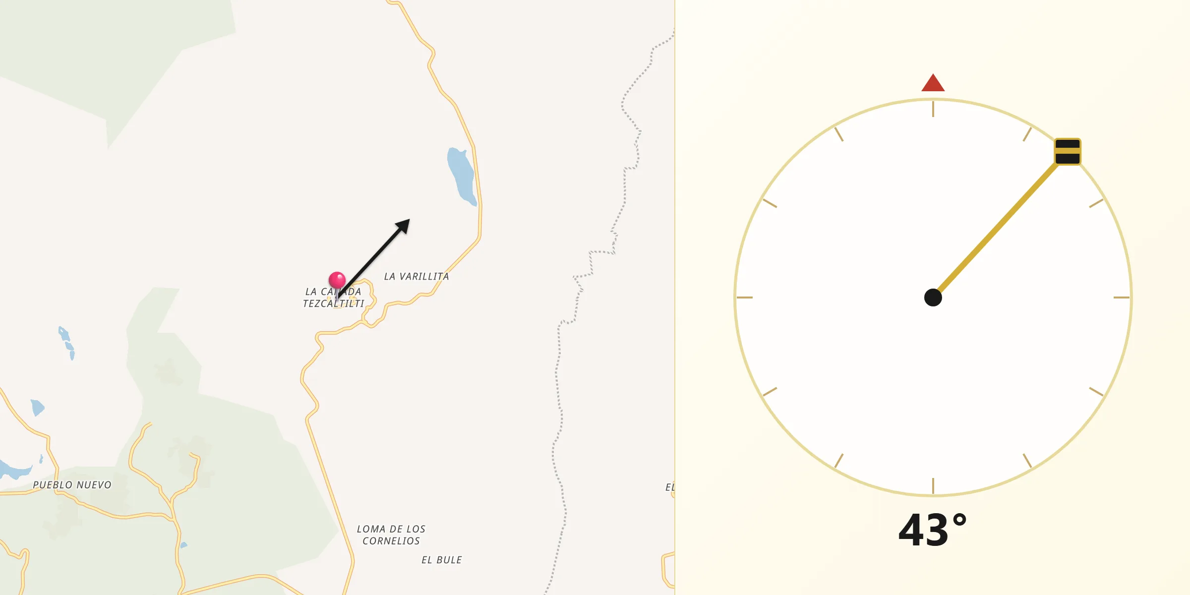 Dirección de la Qibla desde La Cañada Tezcaltilti