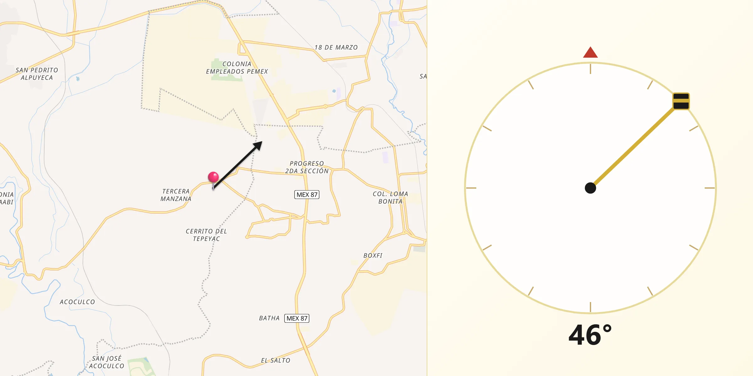Dirección de la Qibla desde Bomintzha