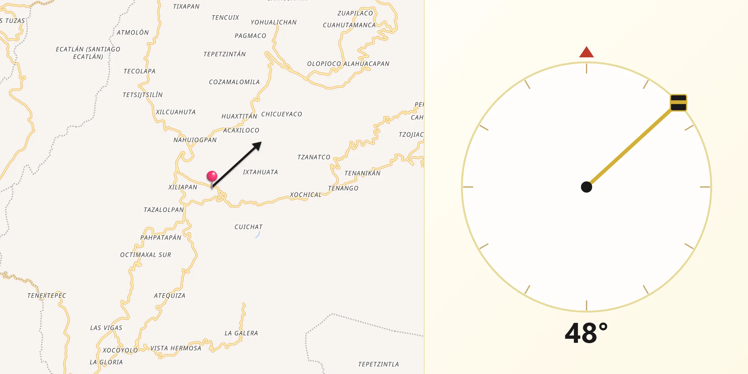 Dirección de la Qibla desde Ciudad de Cuetzalan
