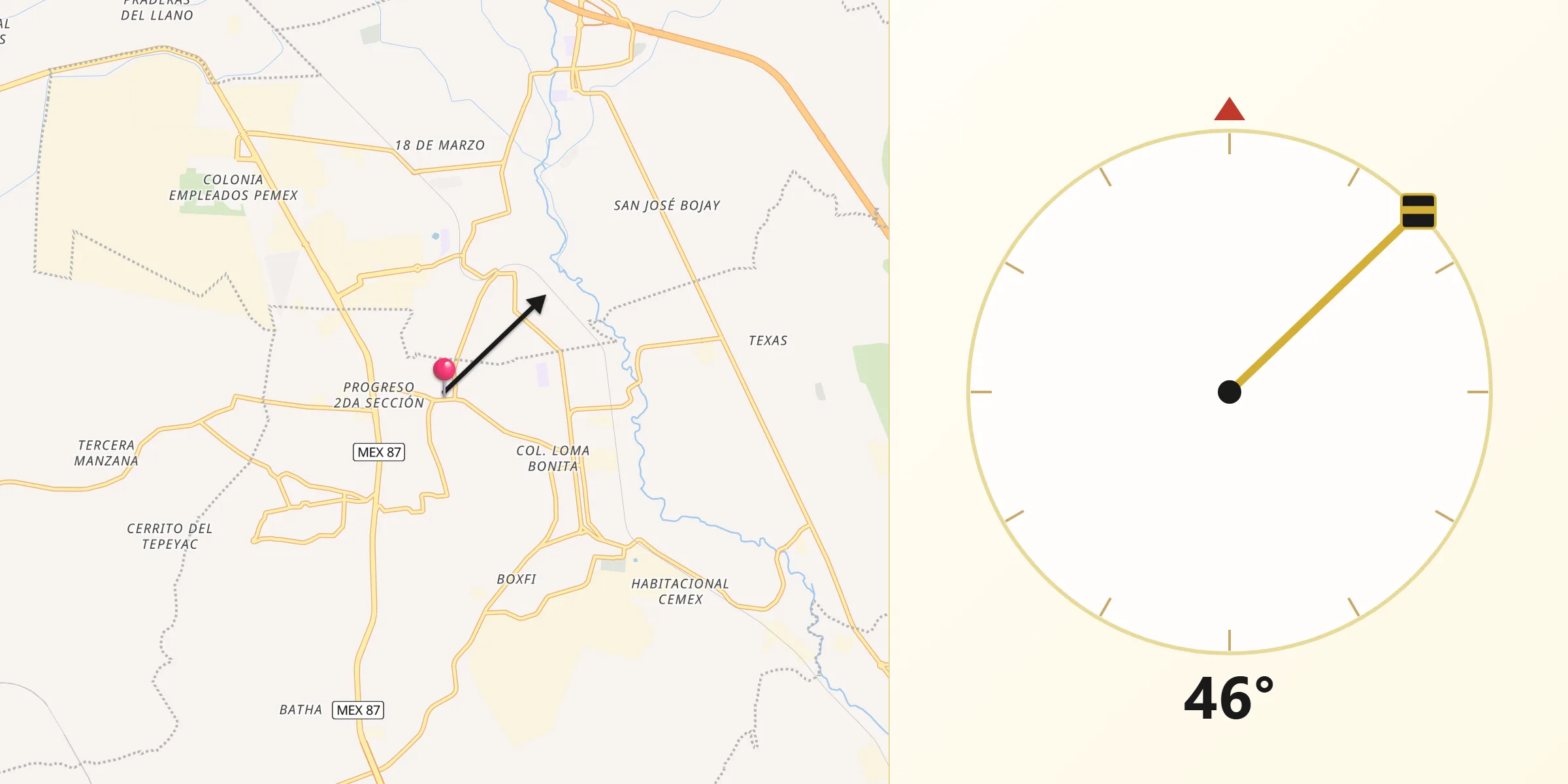Dirección de la Qibla desde Progreso de Castro