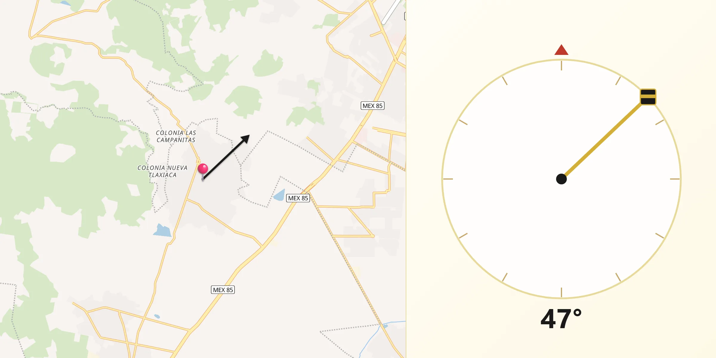 Dirección de la Qibla desde Acayuca