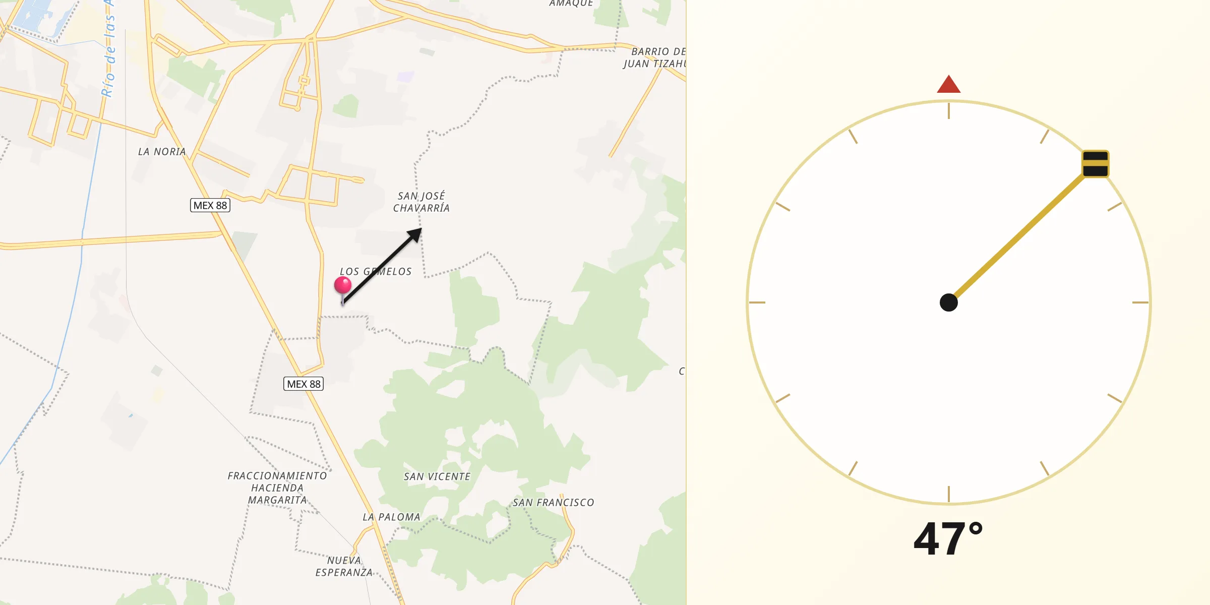 Dirección de la Qibla desde Rinconada de los Ángeles