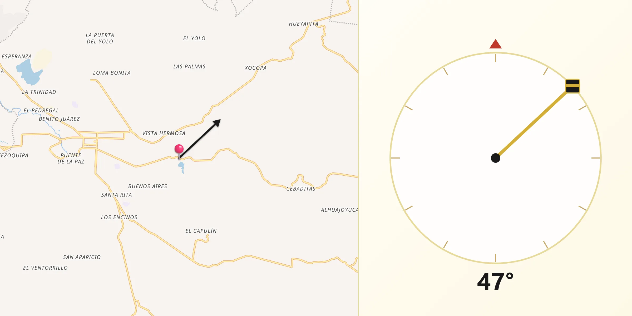 Dirección de la Qibla desde San Juan Hueyapan