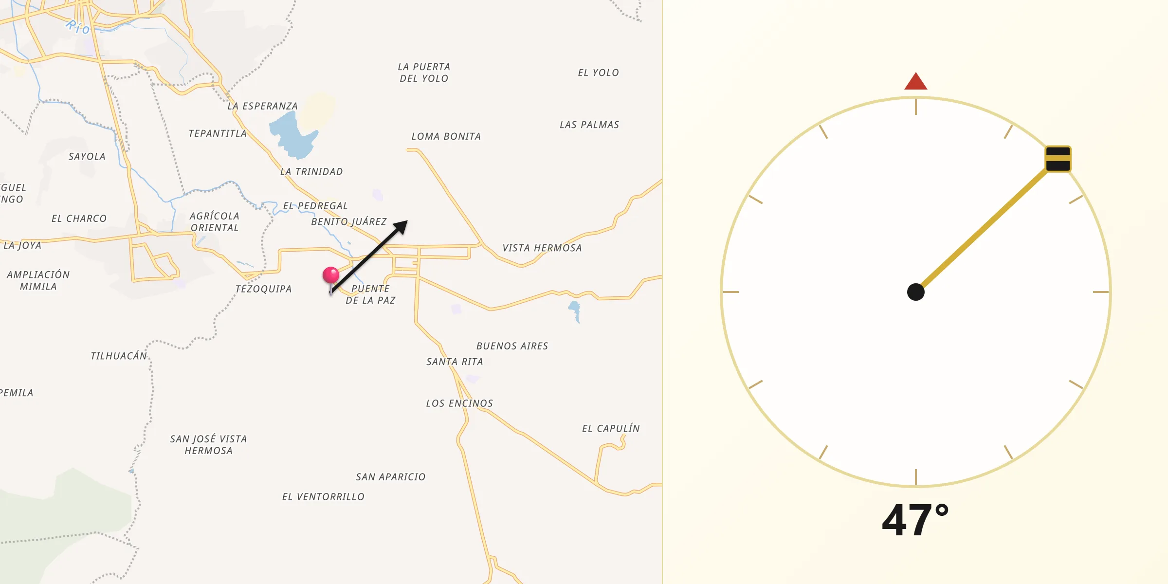 Dirección de la Qibla desde Texcaltepec