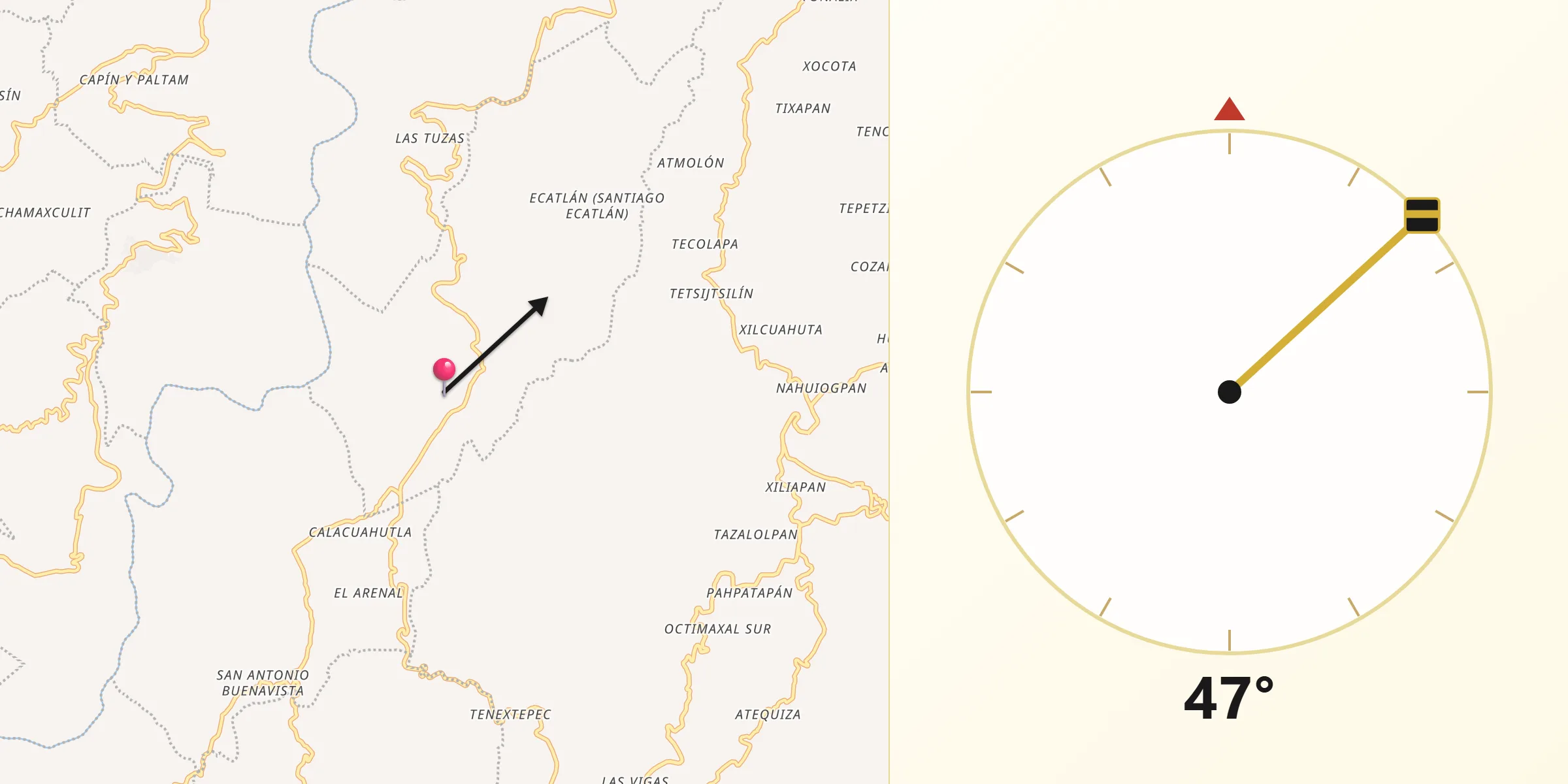 Dirección de la Qibla desde Jonotla