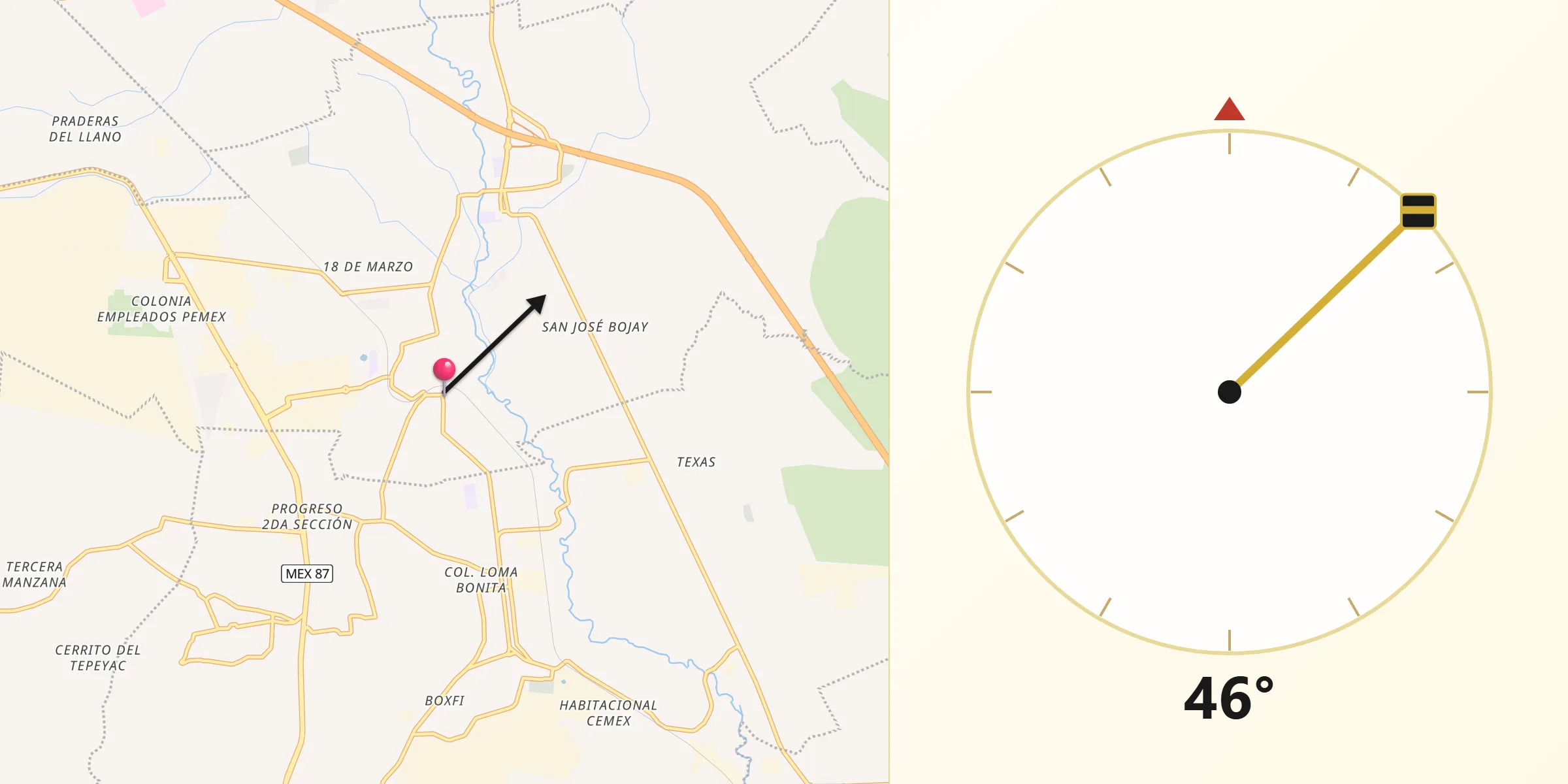 Dirección de la Qibla desde Tlamaco (San Gerónimo Tlamaco)