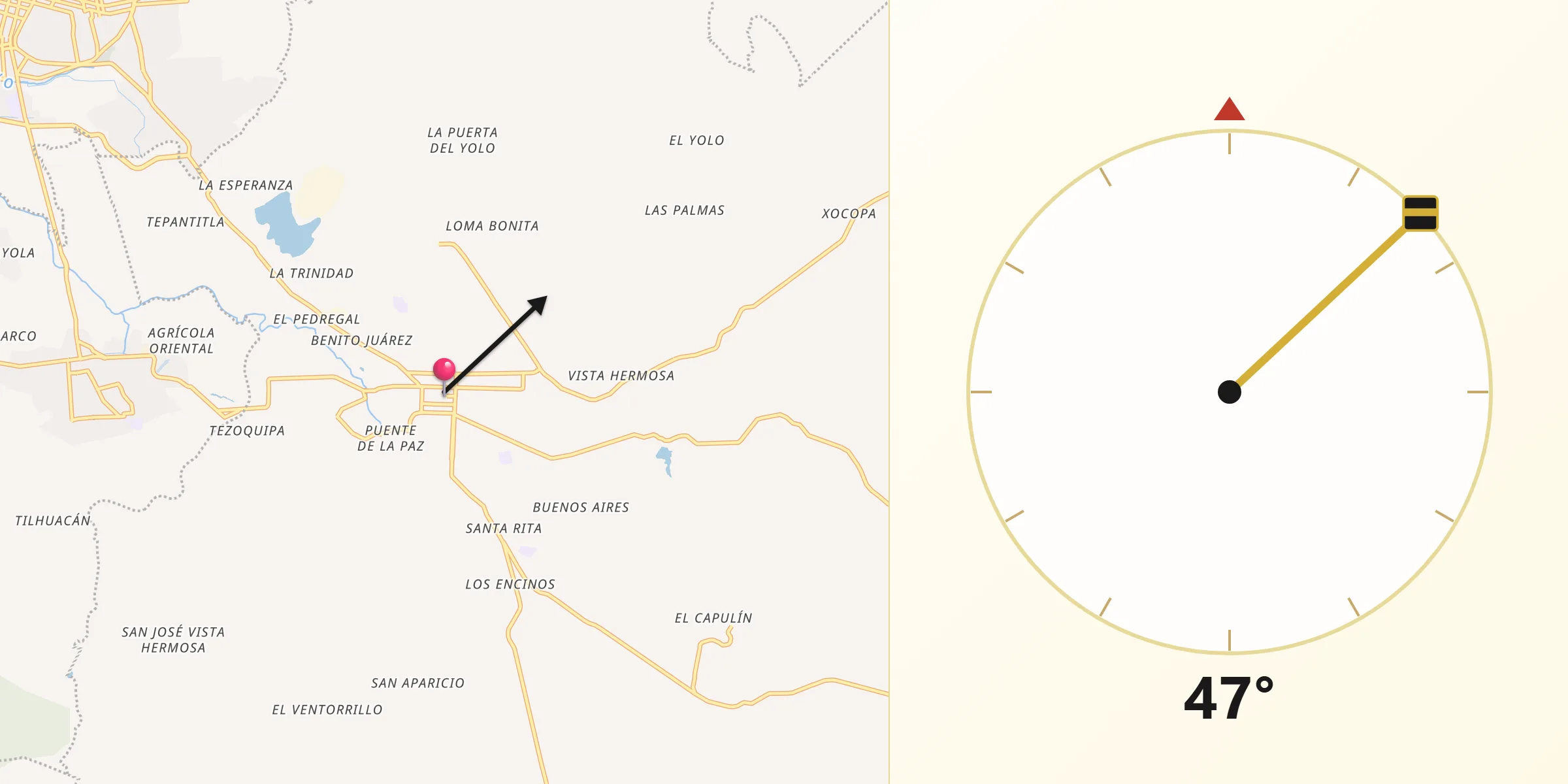 Dirección de la Qibla desde Cuautepec de Hinojosa