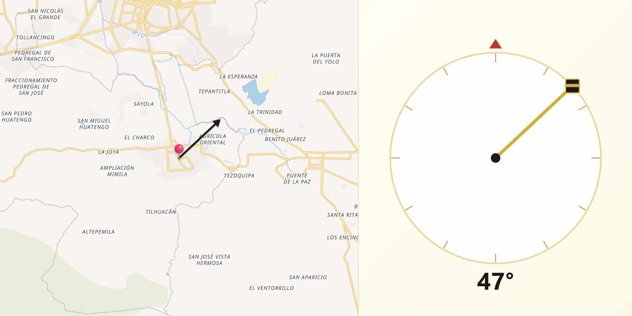 Dirección de la Qibla desde Santiago Tulantepec de Lugo Guerrero