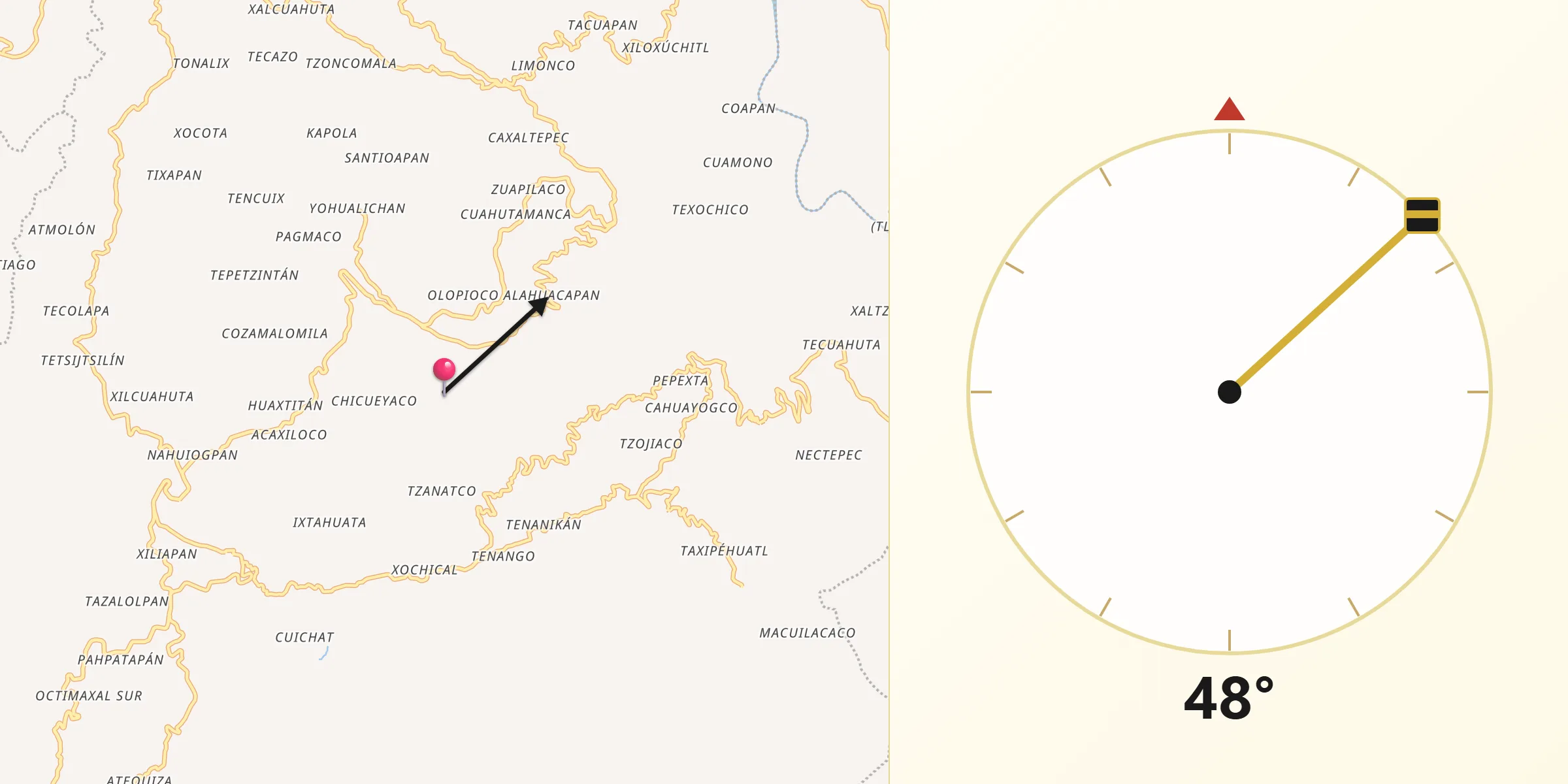 Dirección de la Qibla desde Cuetzalan del Progreso