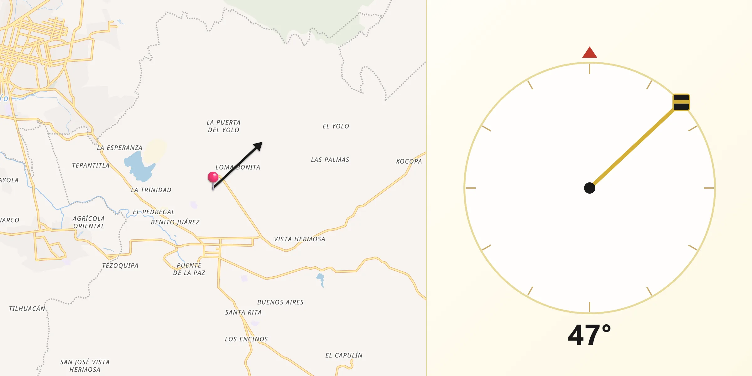 Dirección de la Qibla desde El Tepeyac