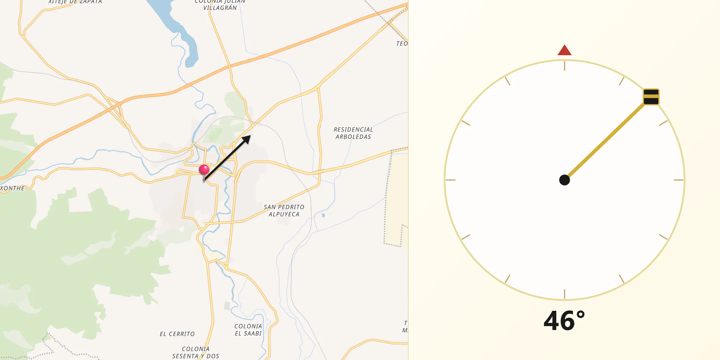 Dirección de la Qibla desde Tula de Allende