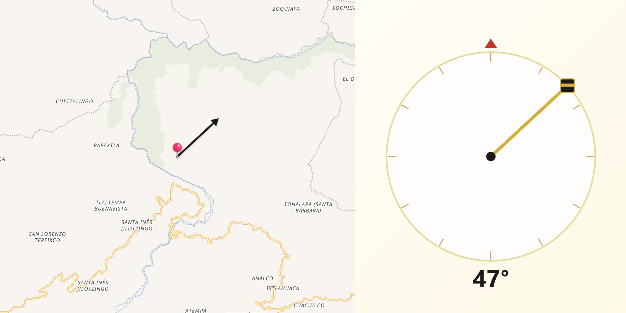 Dirección de la Qibla desde Xochicuautla