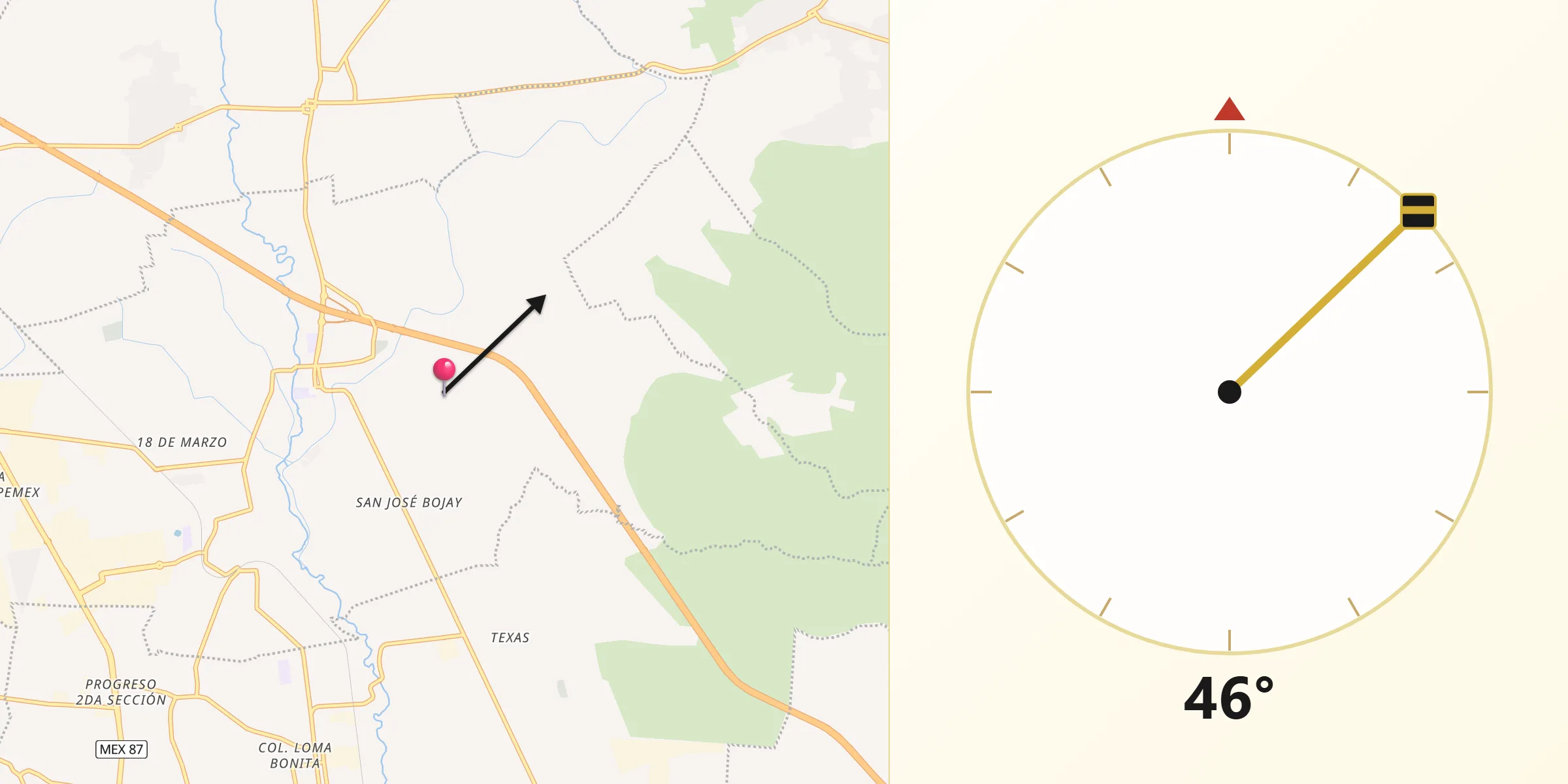 Dirección de la Qibla desde Tezoquipa