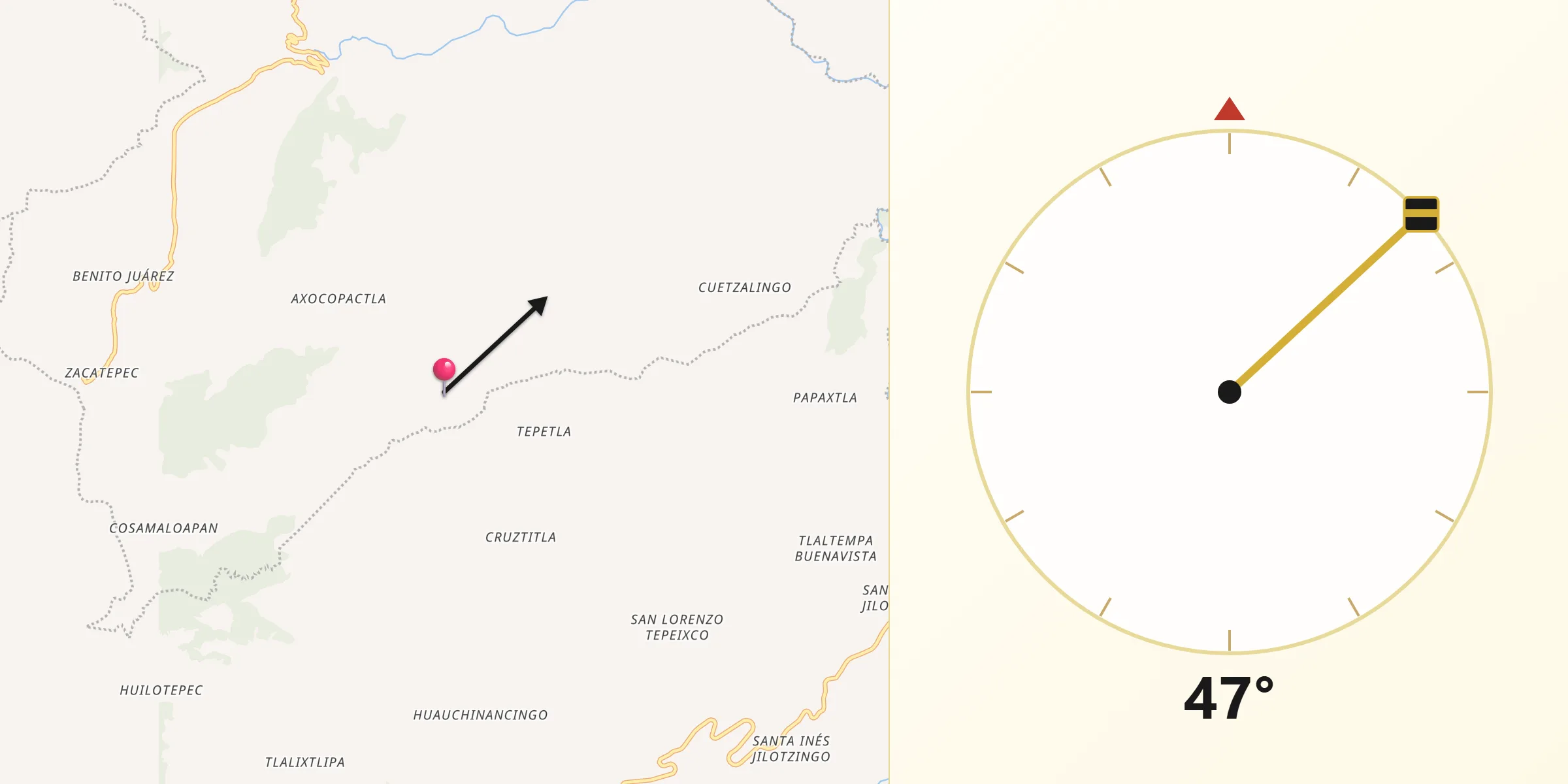 Dirección de la Qibla desde Tlaxco (Santiago Tlaxco)