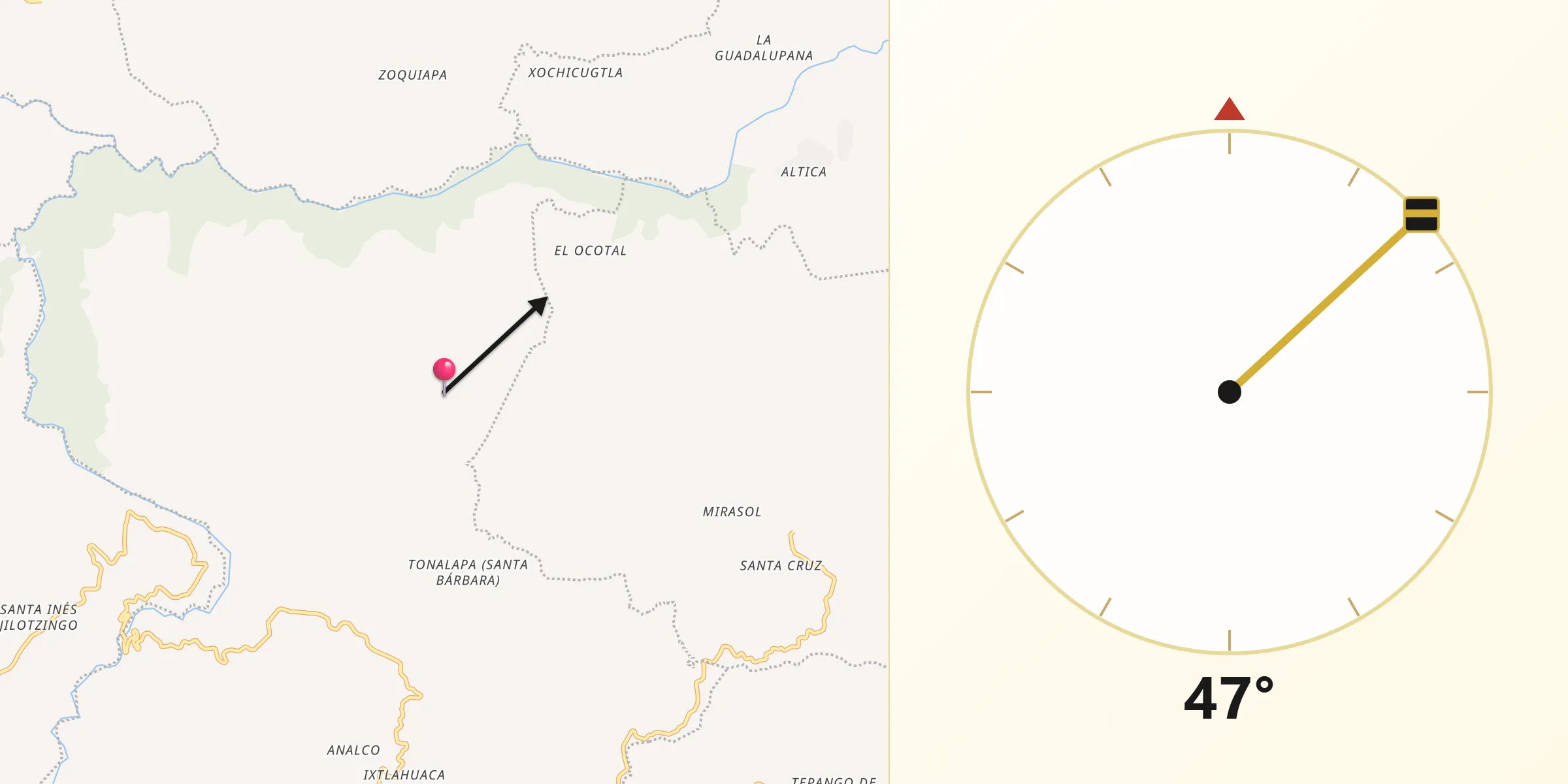 Dirección de la Qibla desde Tlacotepec (San Mateo)
