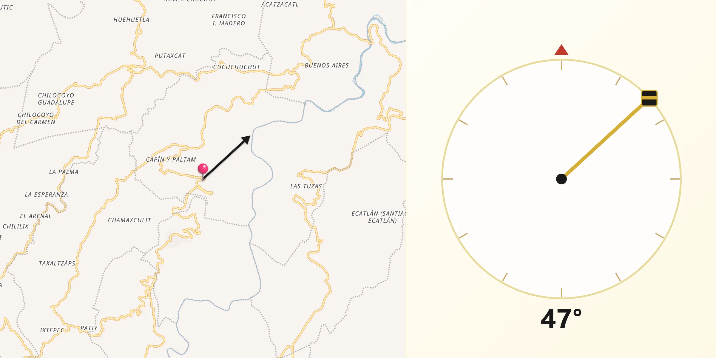 Dirección de la Qibla desde Caxhuacán
