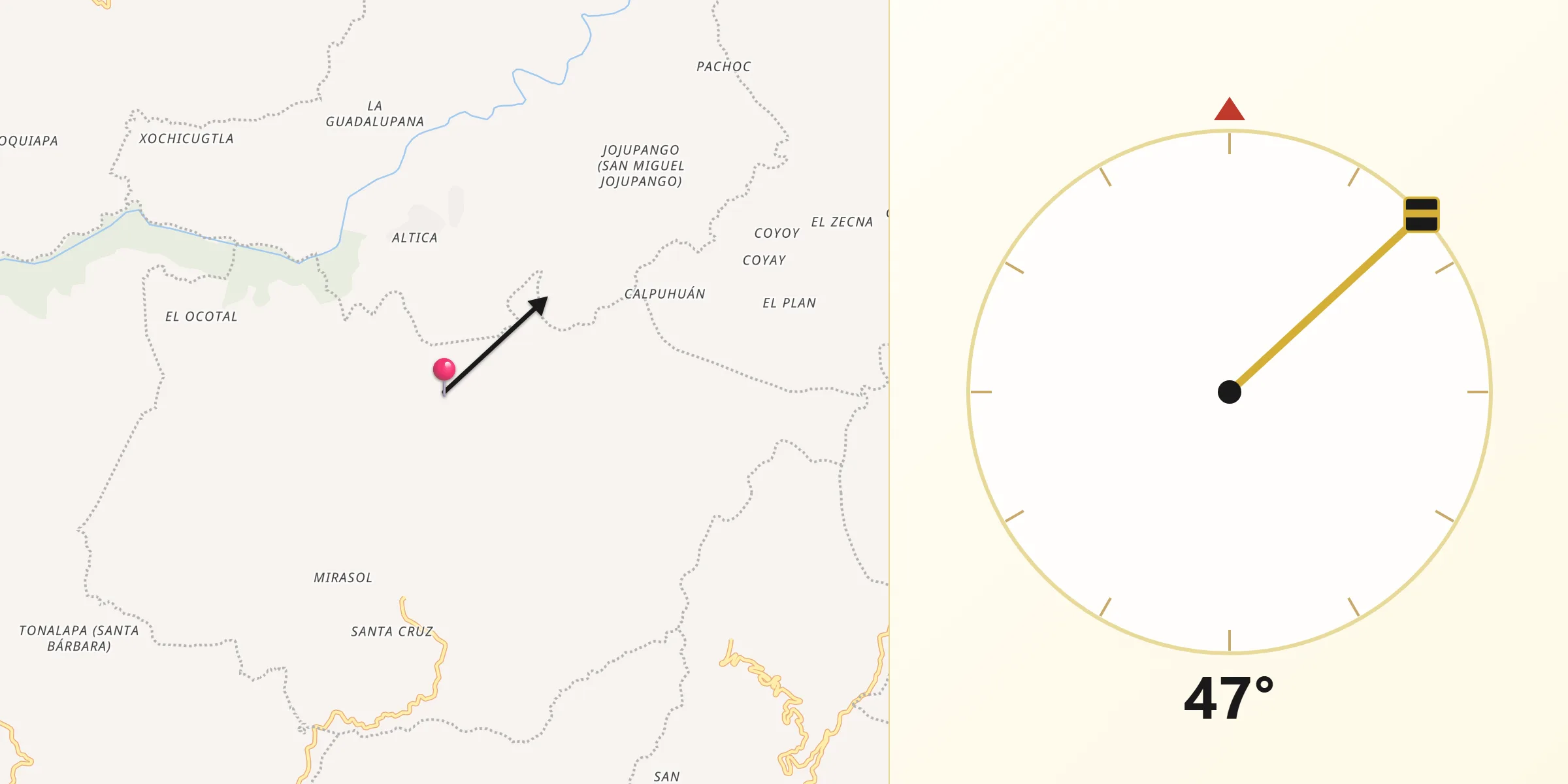 Dirección de la Qibla desde Cuautotola
