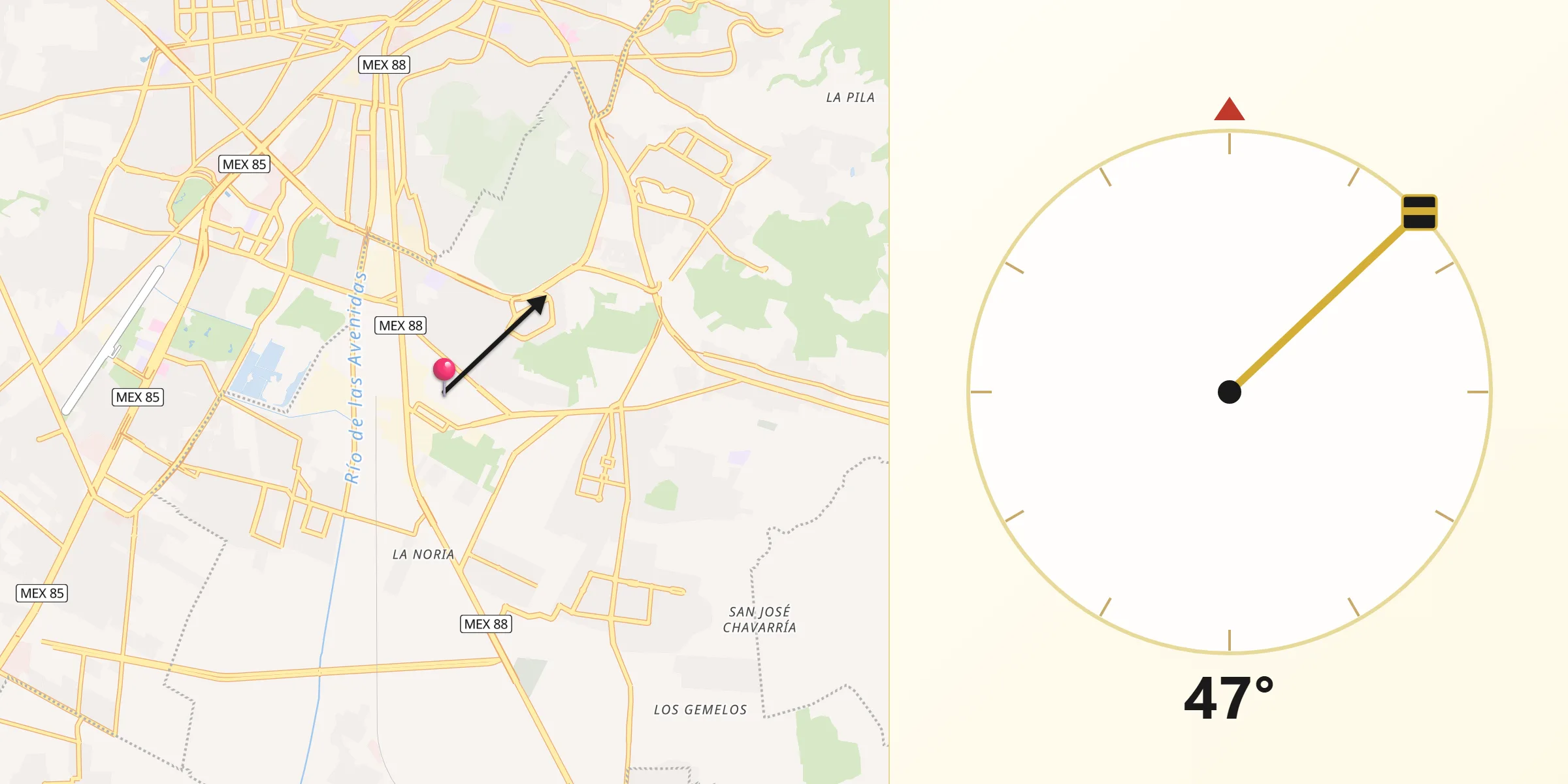 Dirección de la Qibla desde Nuevo Centro de Población Agrícola el Chacón