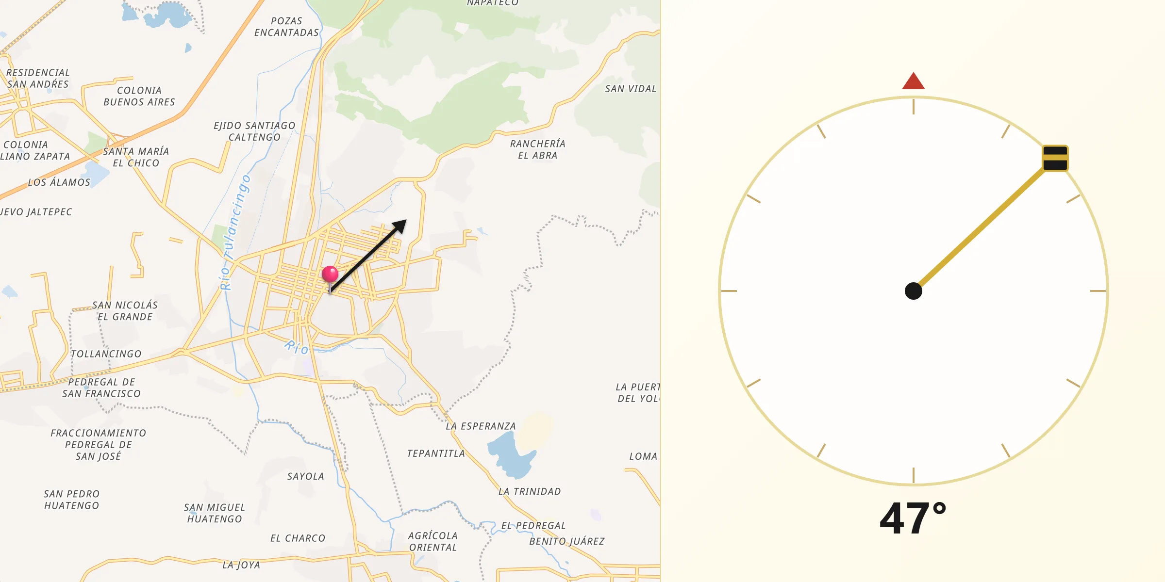 Dirección de la Qibla desde Tulancingo de Bravo