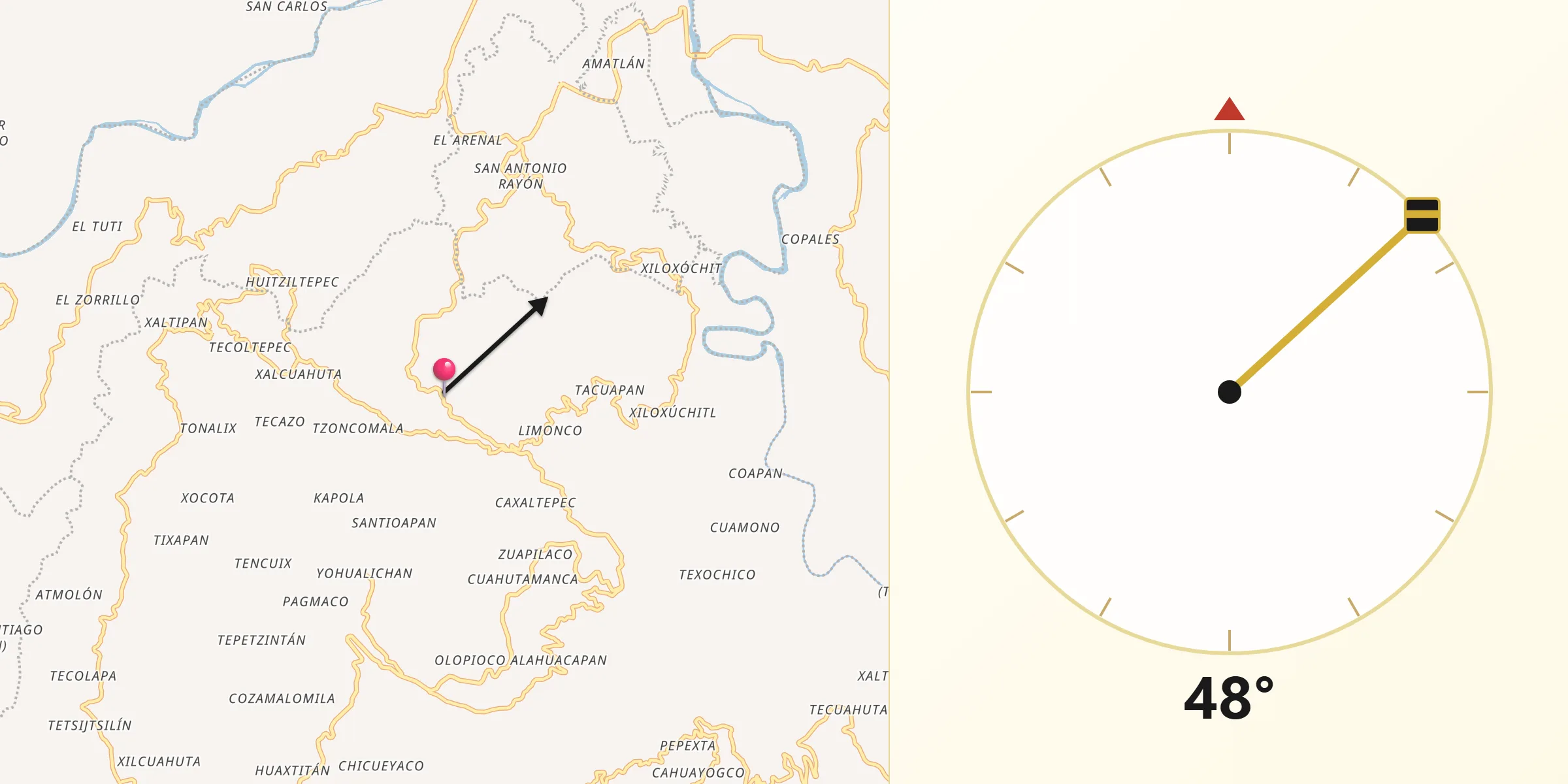 Dirección de la Qibla desde Tepetitán Reyeshogpan de Hidalgo