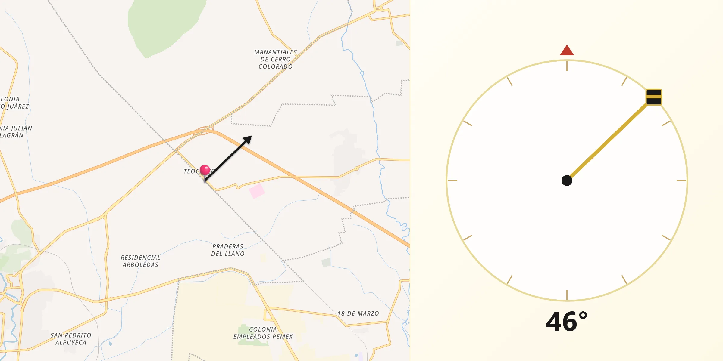 Dirección de la Qibla desde Teocalco
