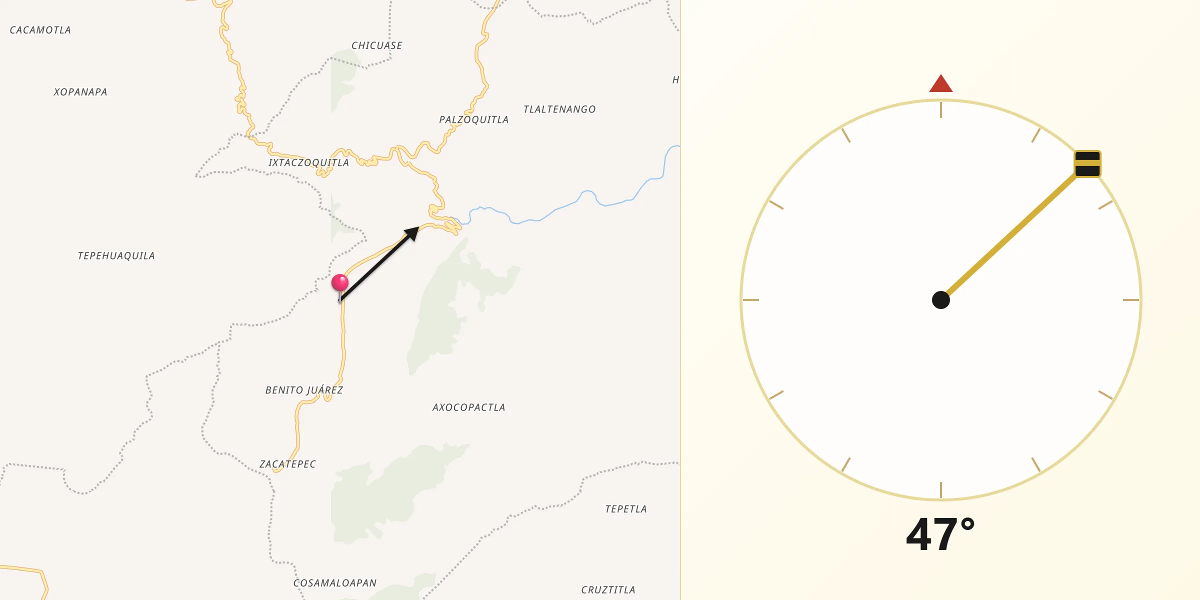 Dirección de la Qibla desde Zempoala