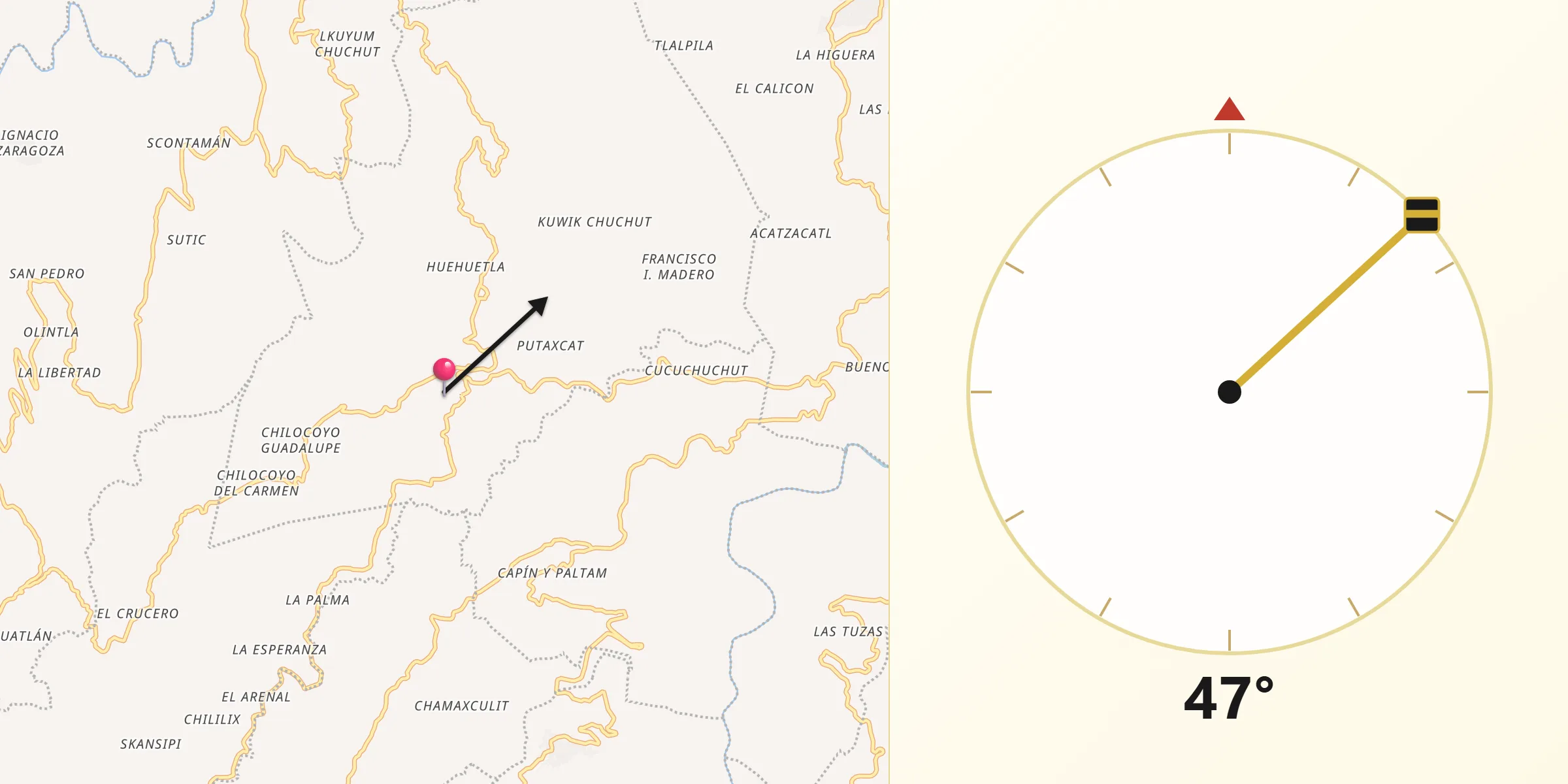 Dirección de la Qibla desde Lipuntahuaca