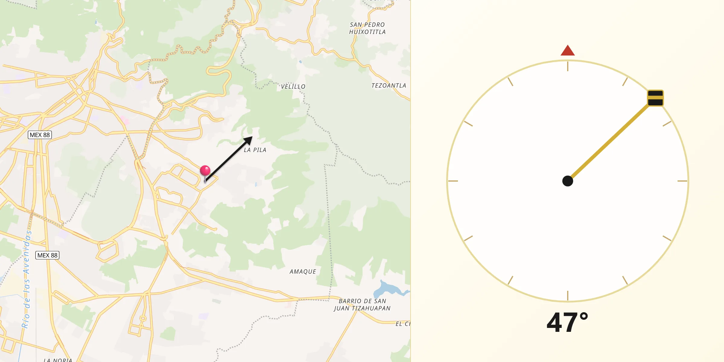 Dirección de la Qibla desde Privada del Álamo