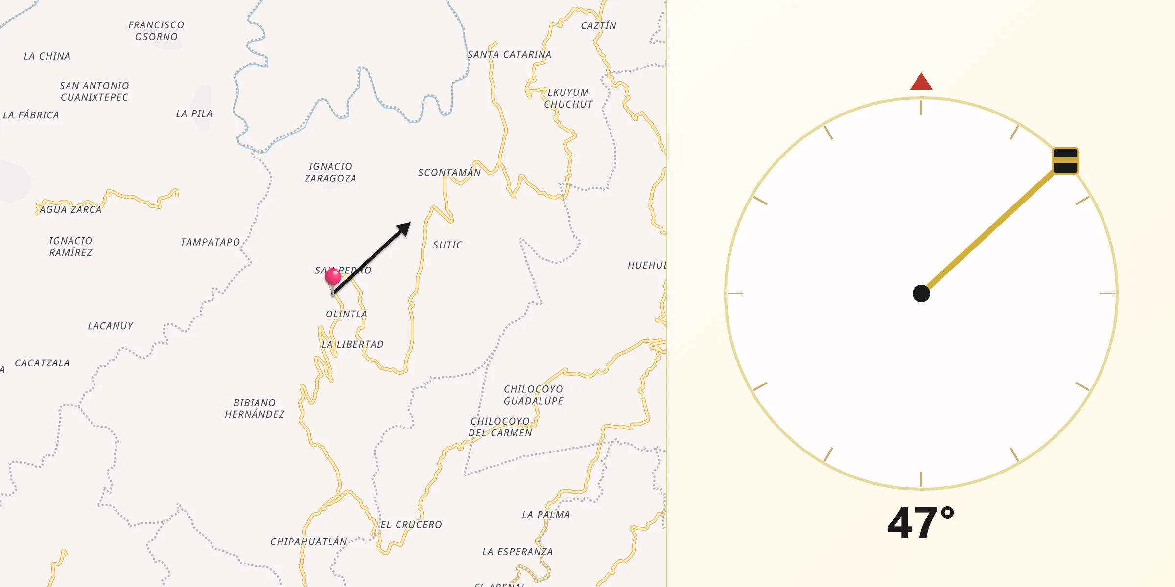Dirección de la Qibla desde Olintla