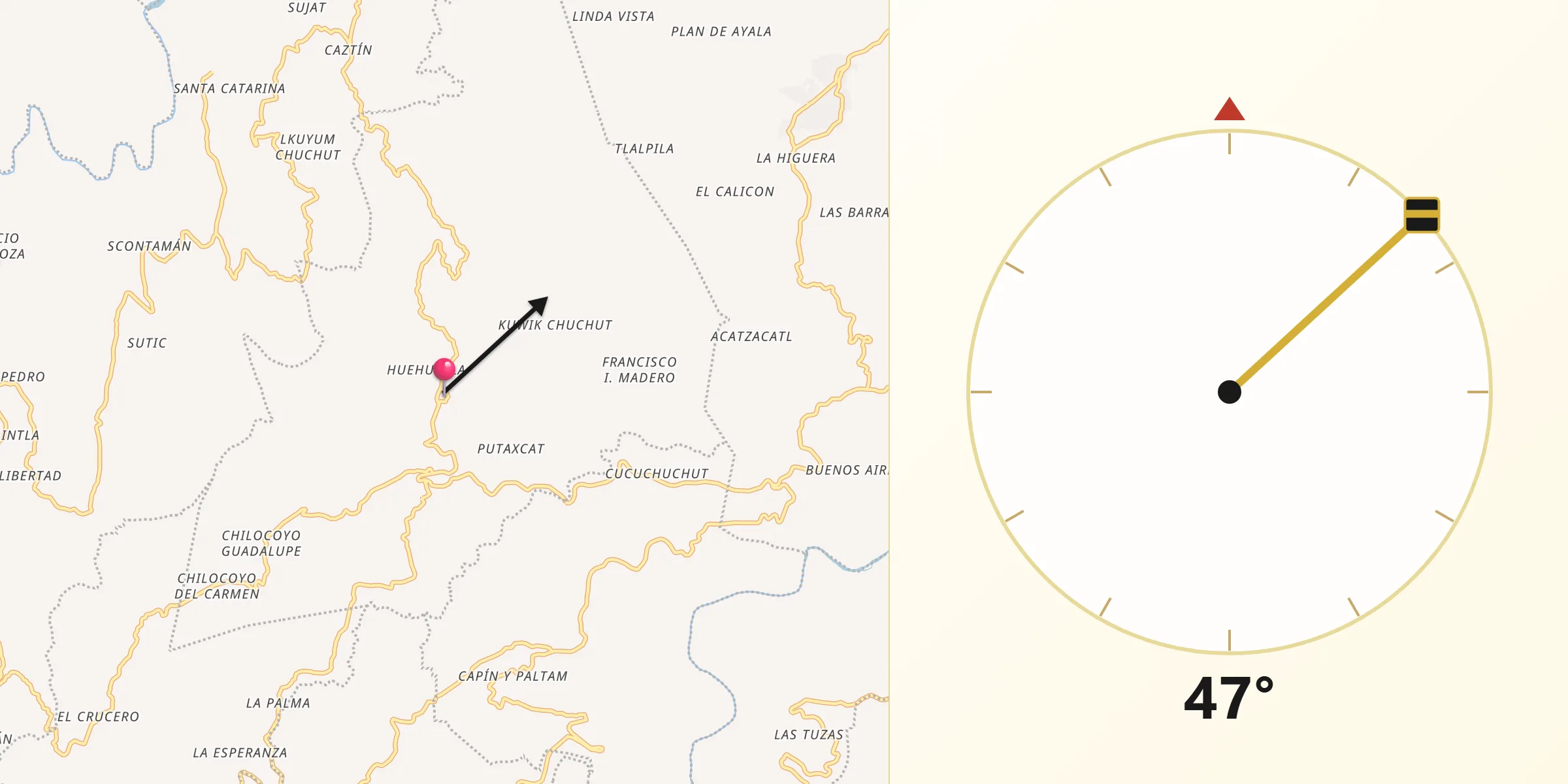 Dirección de la Qibla desde Huehuetla