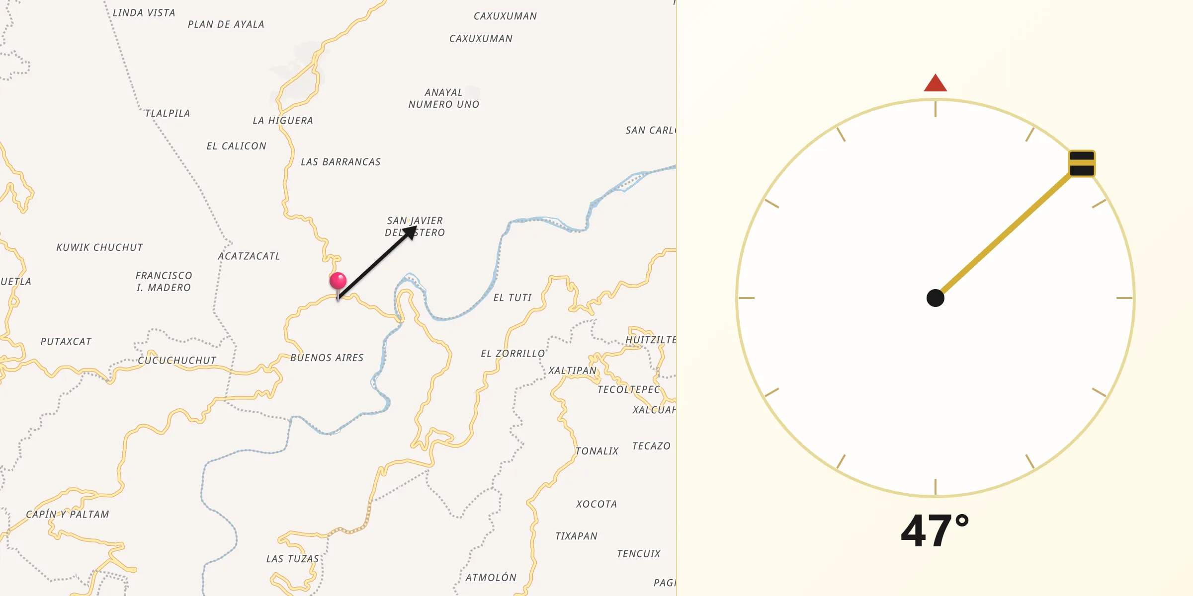Dirección de la Qibla desde Zozocolco de Guerrero