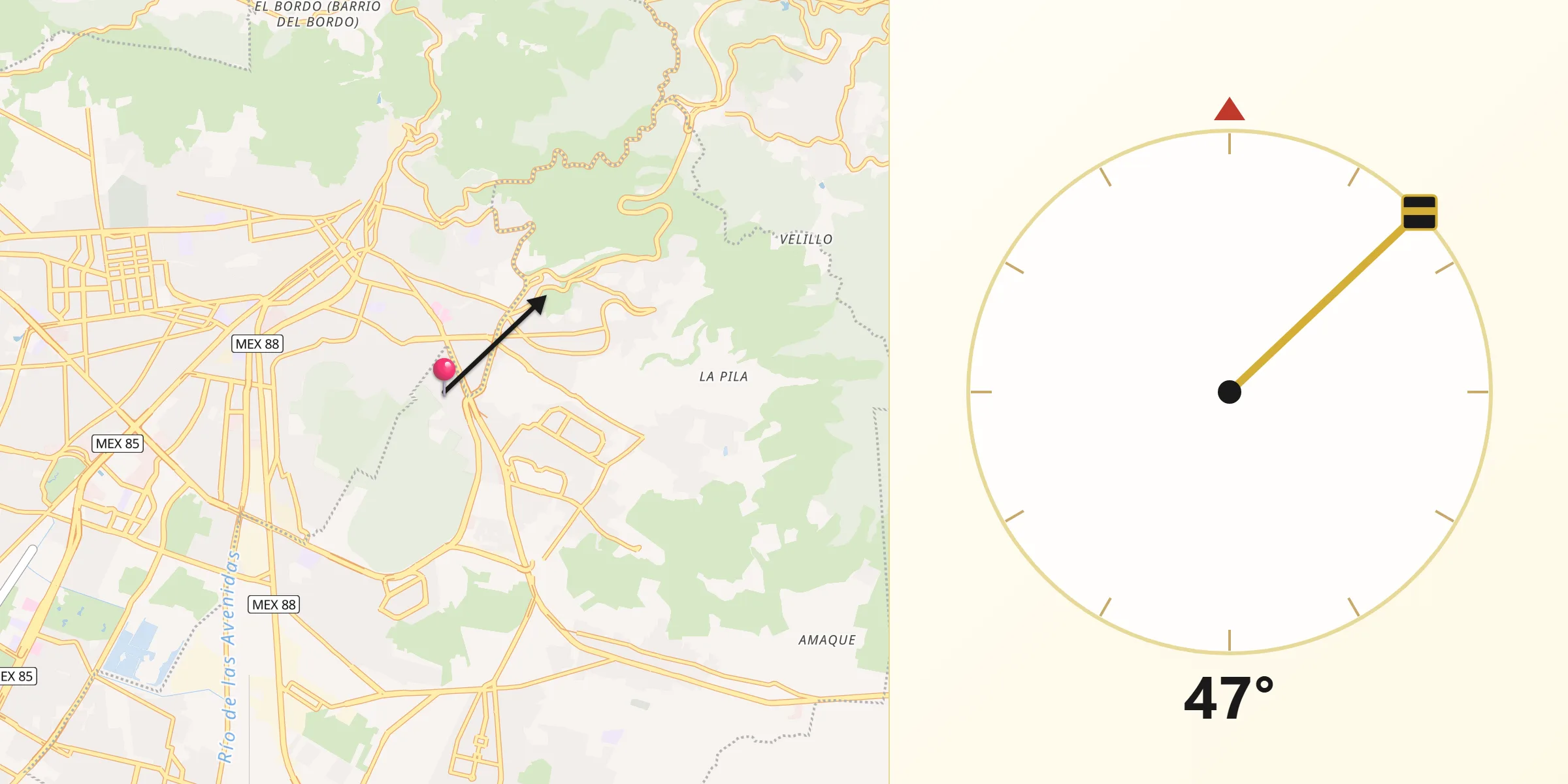 Dirección de la Qibla desde Unidad Minera 11 de Julio
